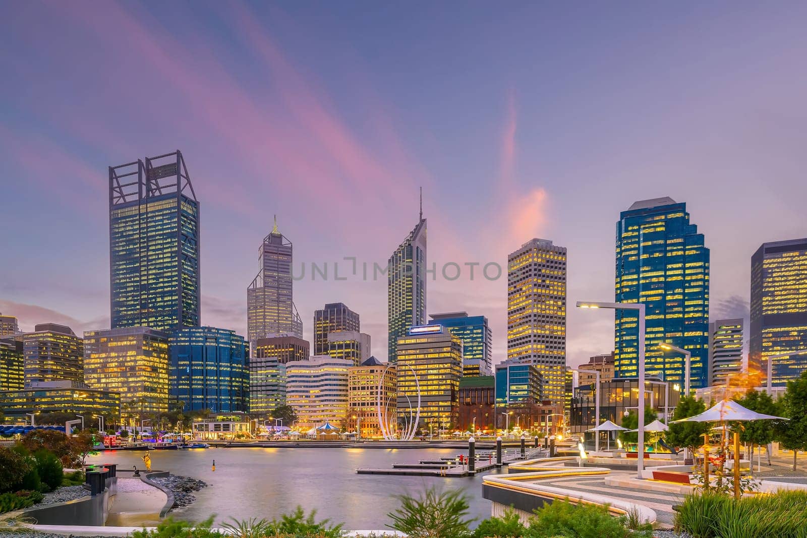 Perth downtown city skyline cityscape of Australia at sunset