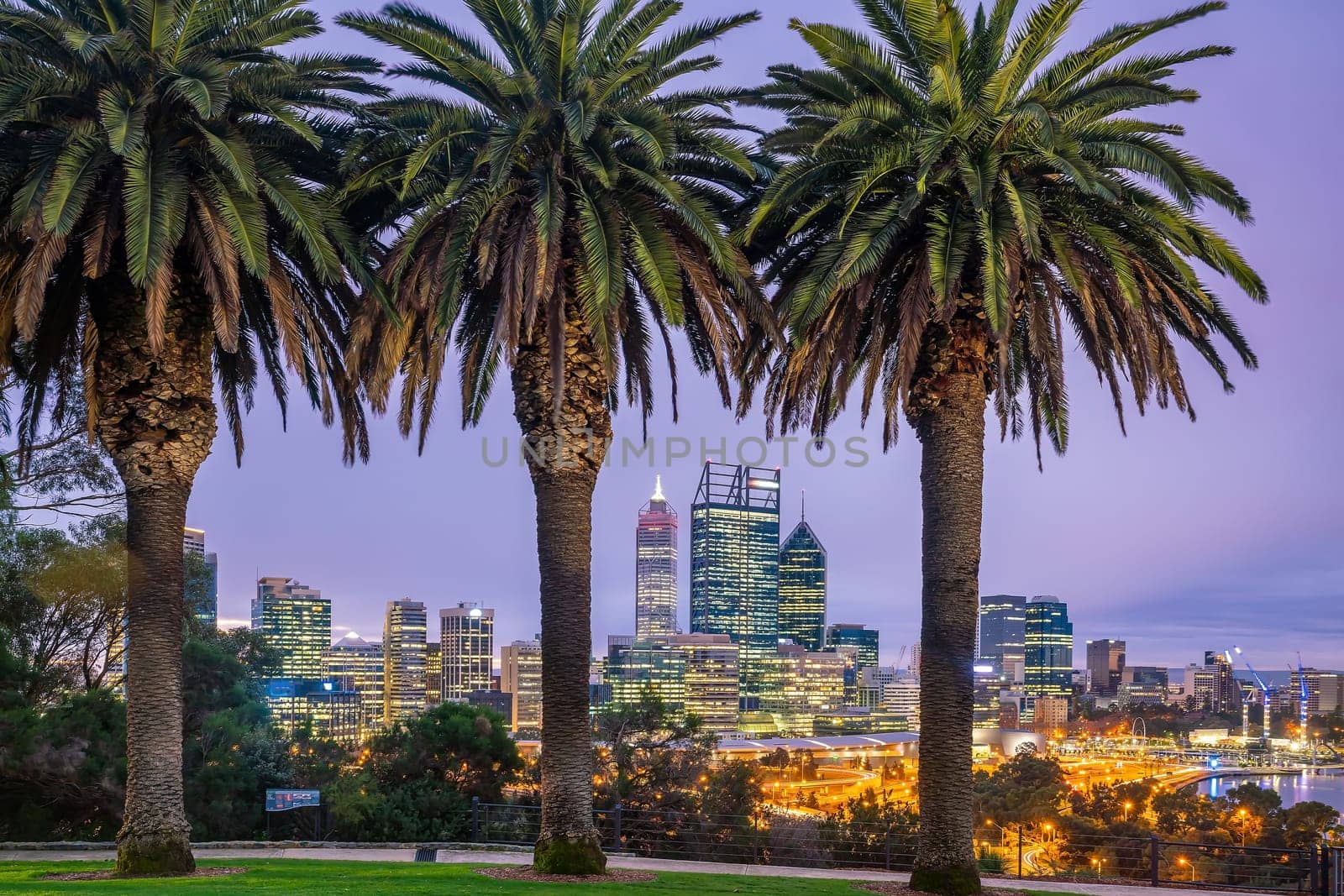 Perth downtown city skyline cityscape of Australia at sunset