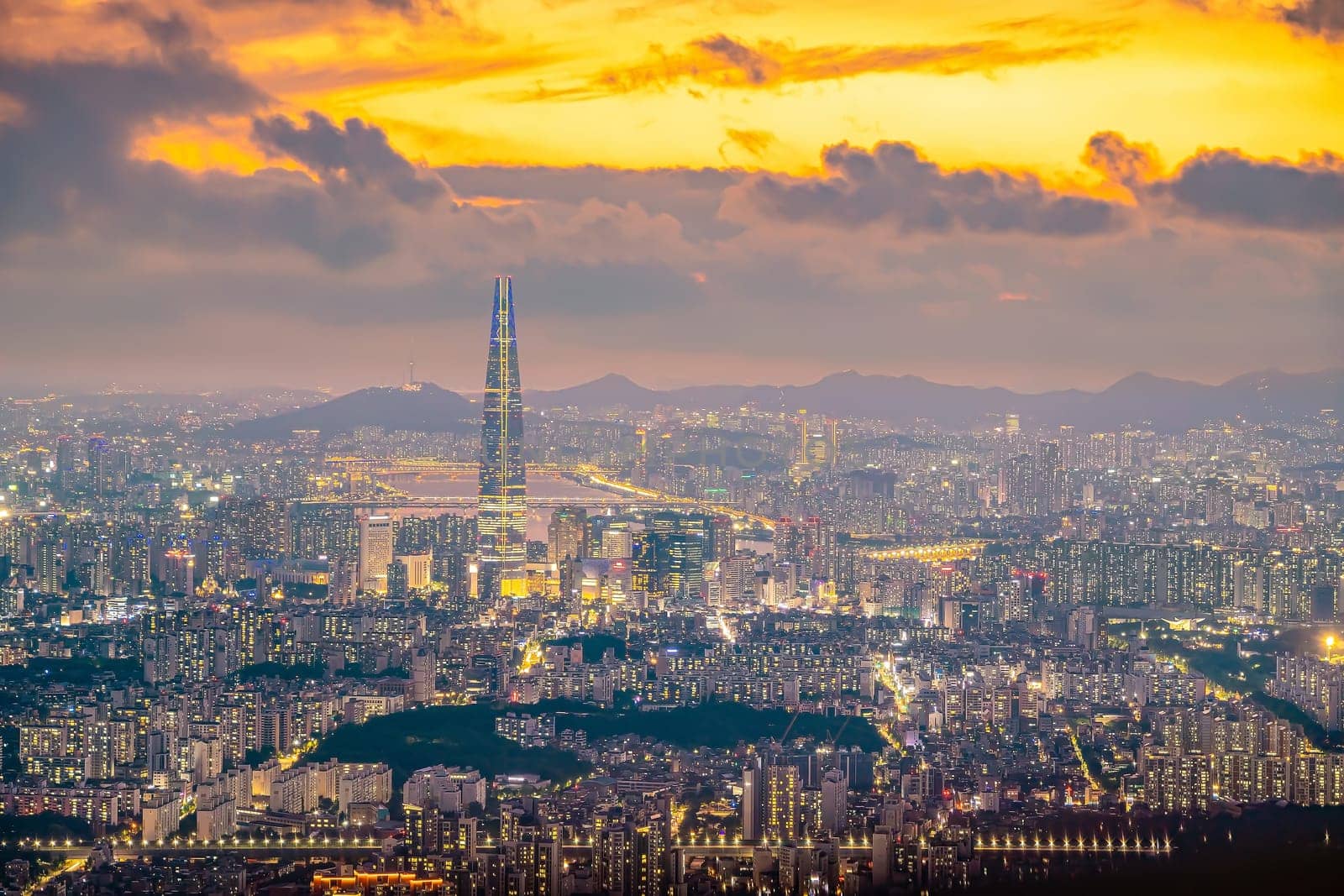 Downtown Seoul city skyline, cityscape of South Korea at sunset