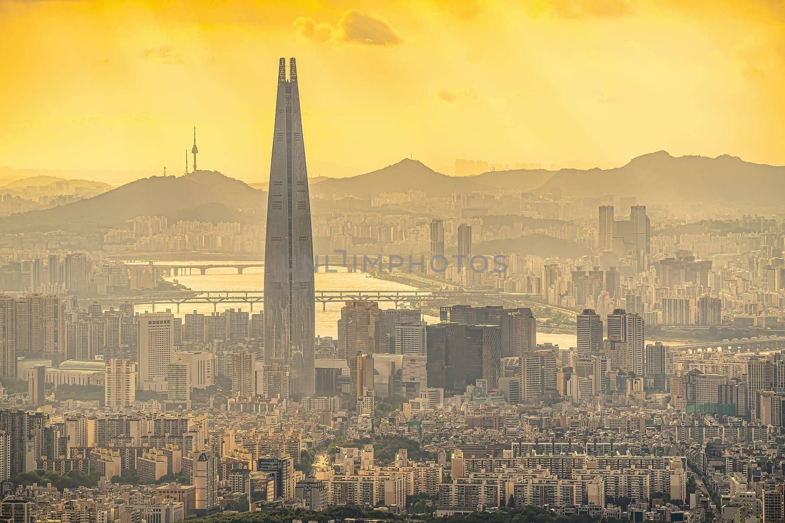 Downtown Seoul city skyline, cityscape of South Korea at sunset