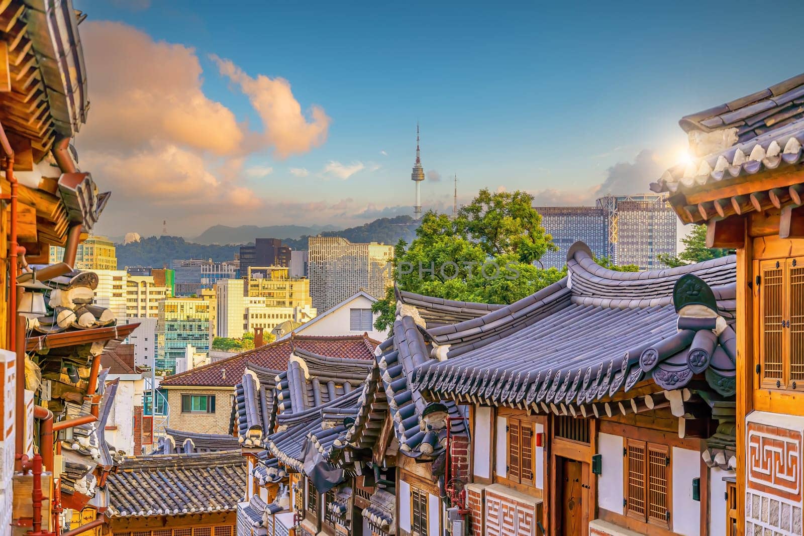 Bukchon Hanok Village with Seoul city skyline, cityscape of South Korea by f11photo