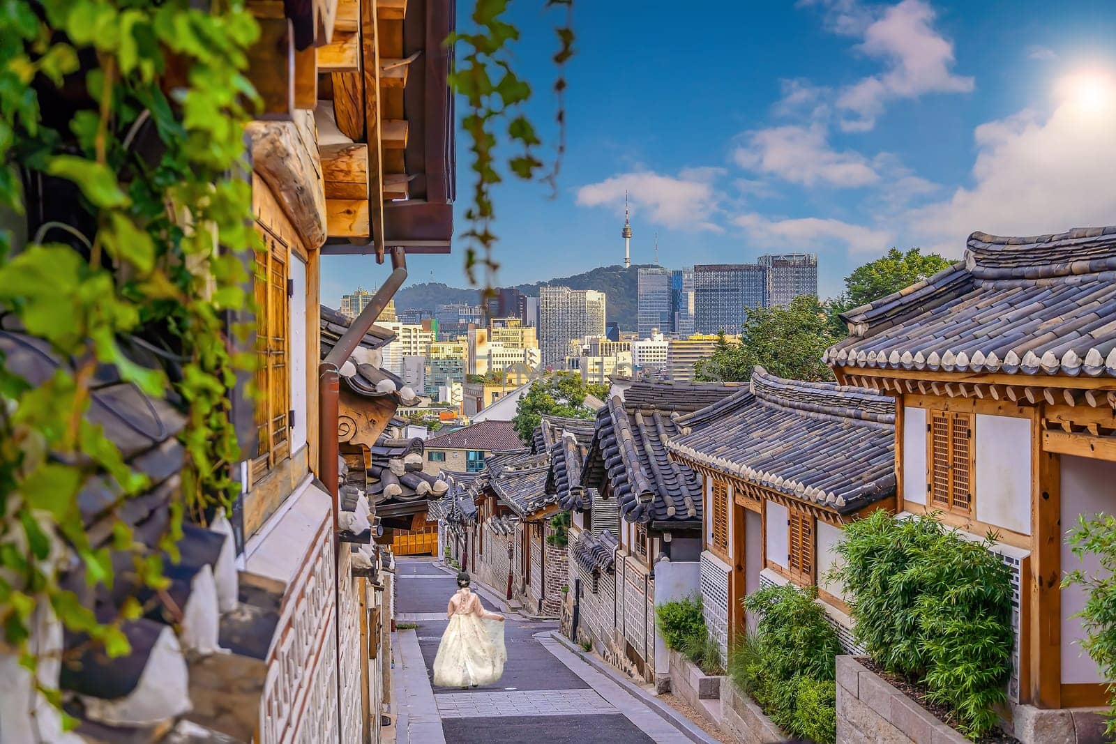 Bukchon Hanok Village with Seoul city skyline, cityscape of South Korea by f11photo