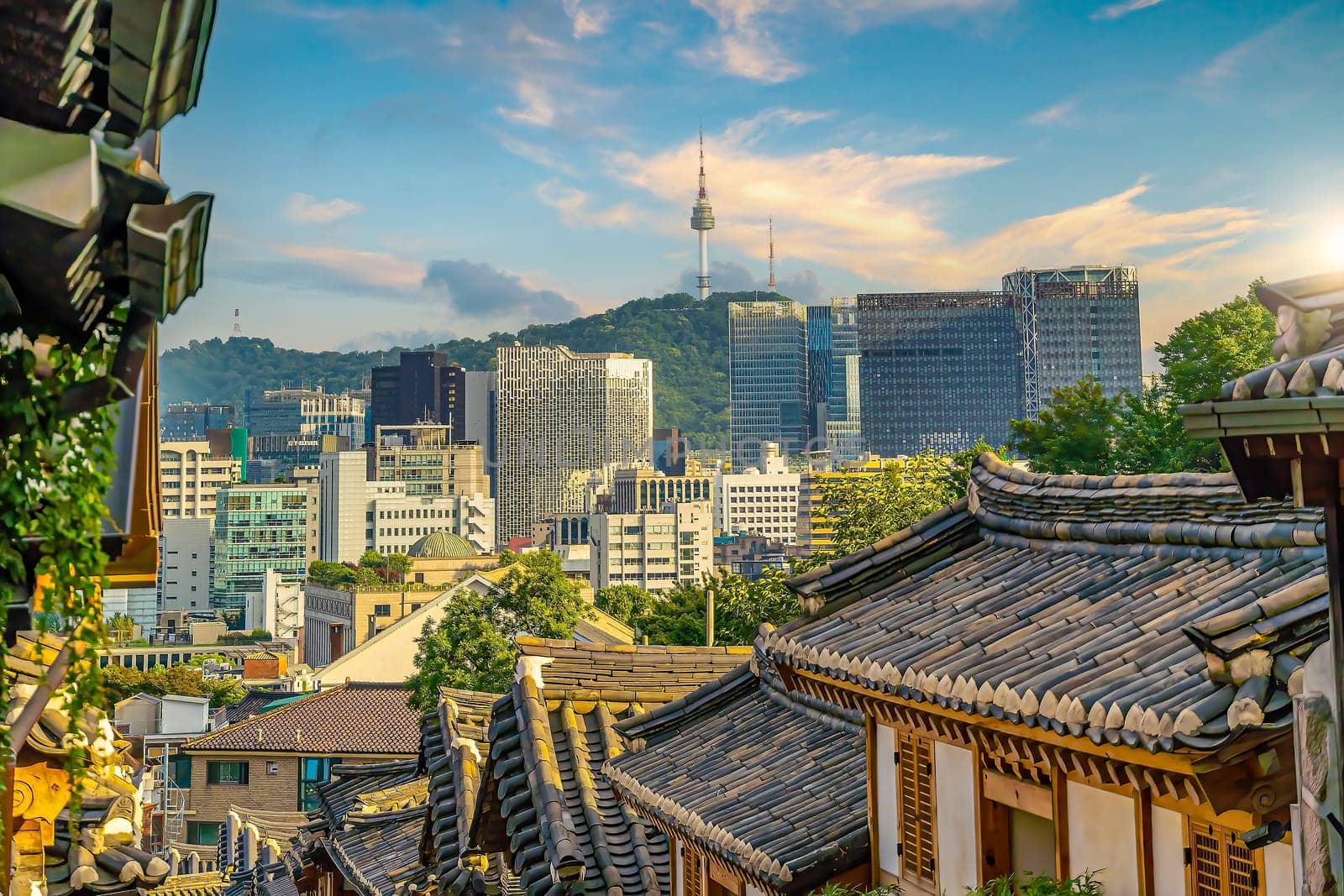 Bukchon Hanok Village with Seoul city skyline, cityscape of South Korea by f11photo