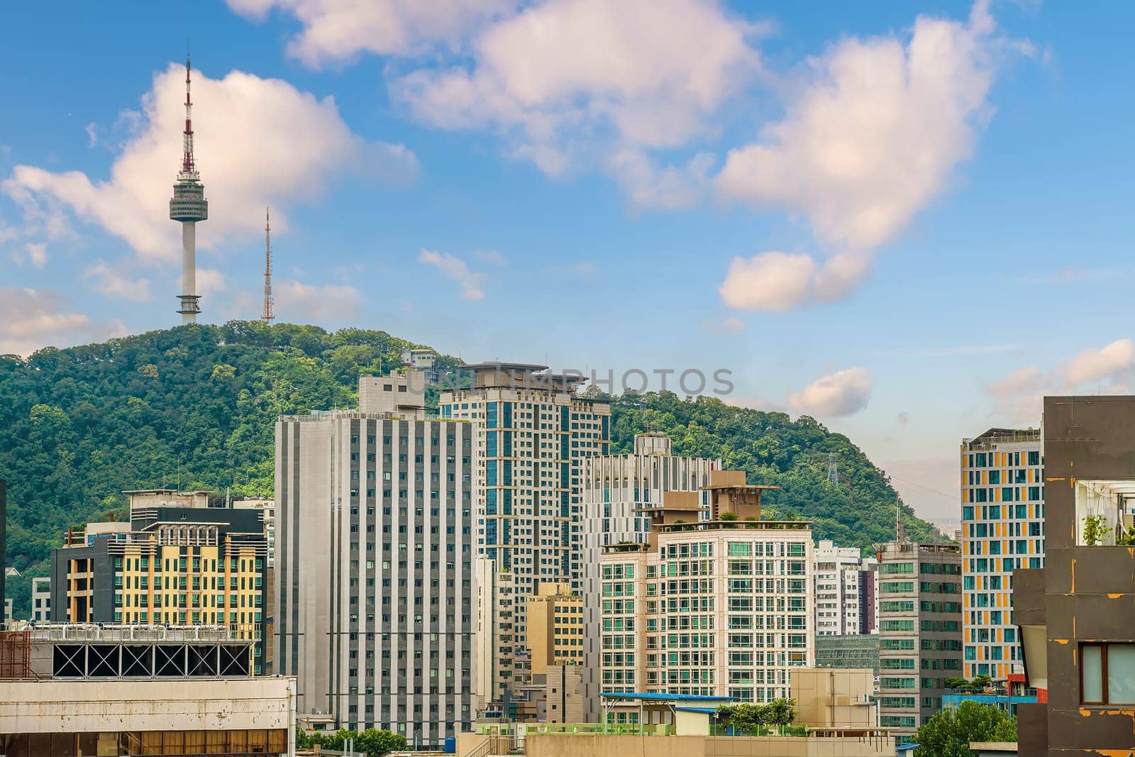 Downtown Seoul city skyline, cityscape of South Korea at sunset