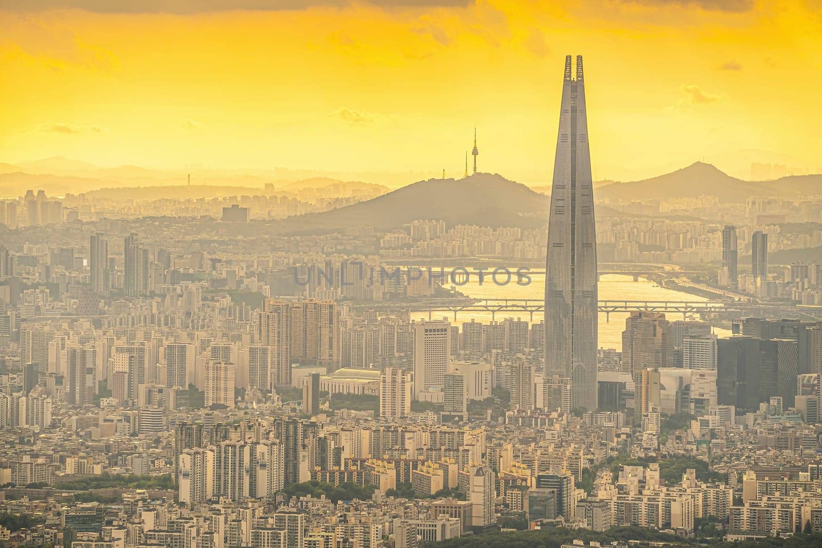 Downtown Seoul city skyline, cityscape of South Korea at sunset