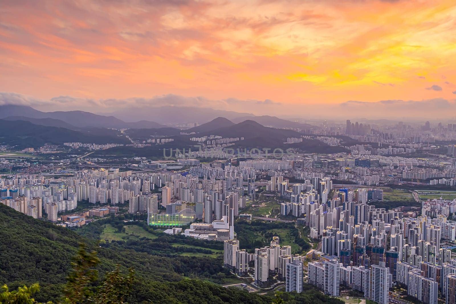 Downtown Seoul city skyline, cityscape of South Korea at sunset