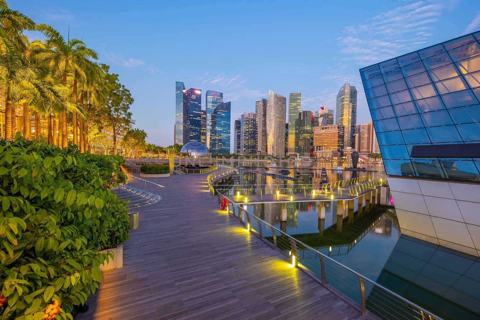 Downtown city skyline at the marina bay, cityscape of Singapore at sunrise