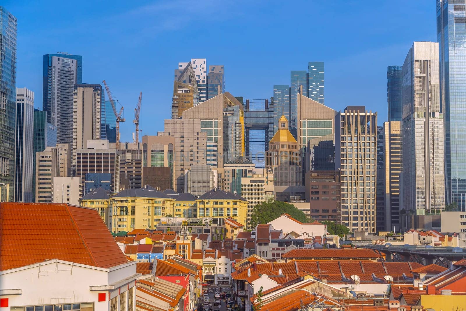 Downtown city skyline, cityscape of Singapore at sunset