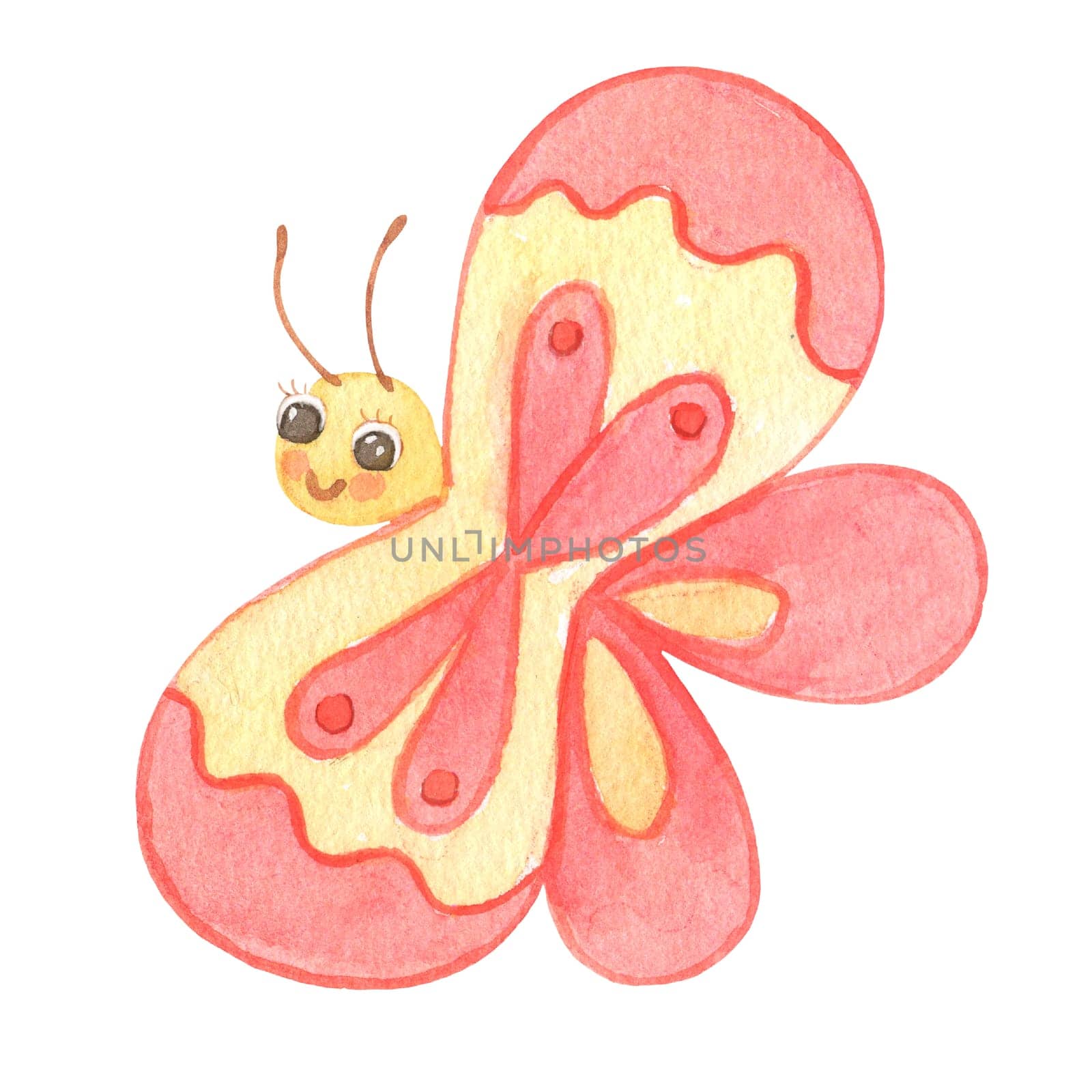 Cute smiling character butterfly isolated on white background. Funny insect for children. Watercolor cartoon illustration