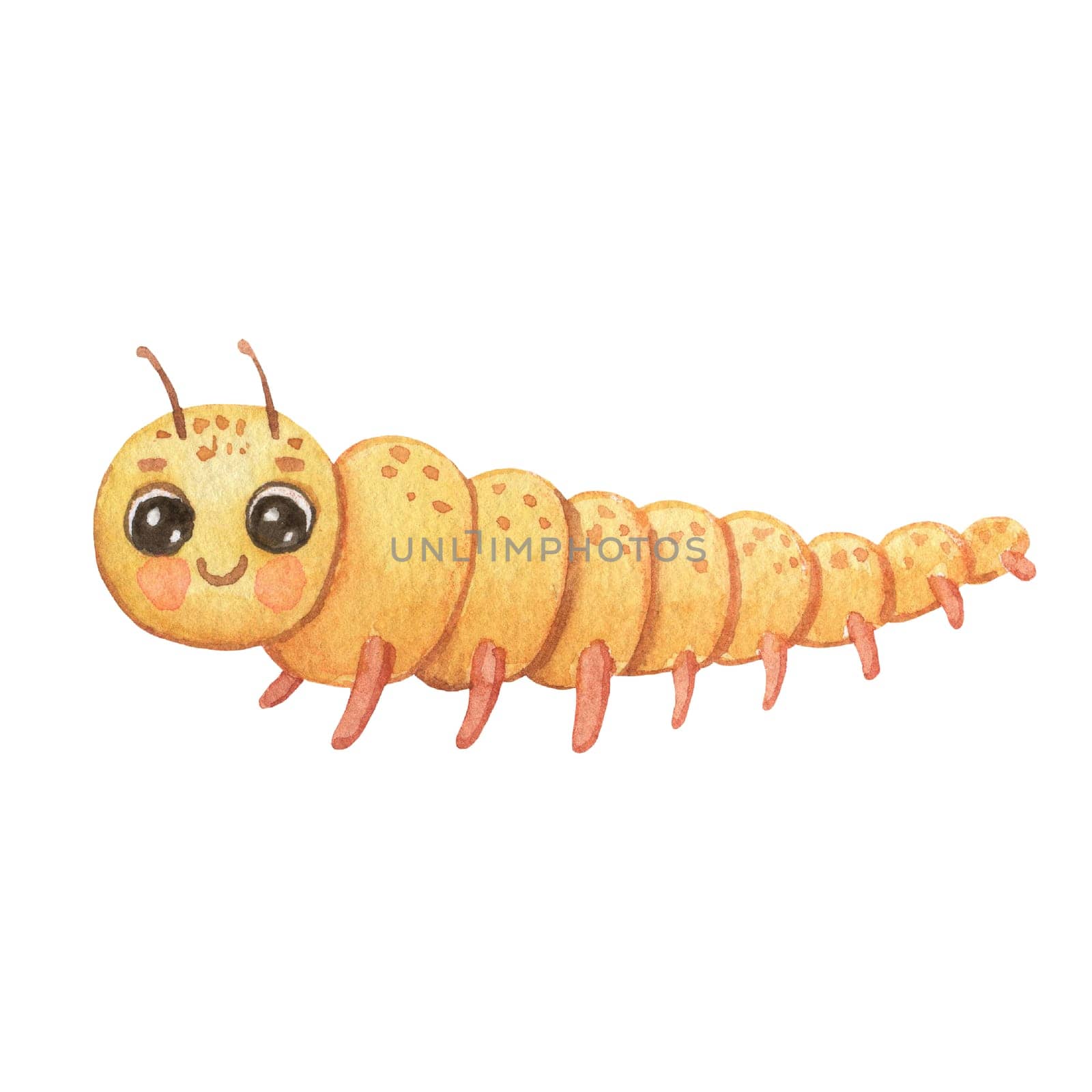 Cute smiling character caterpillar isolated on white background. Funny insect for children. Watercolor cartoon illustration