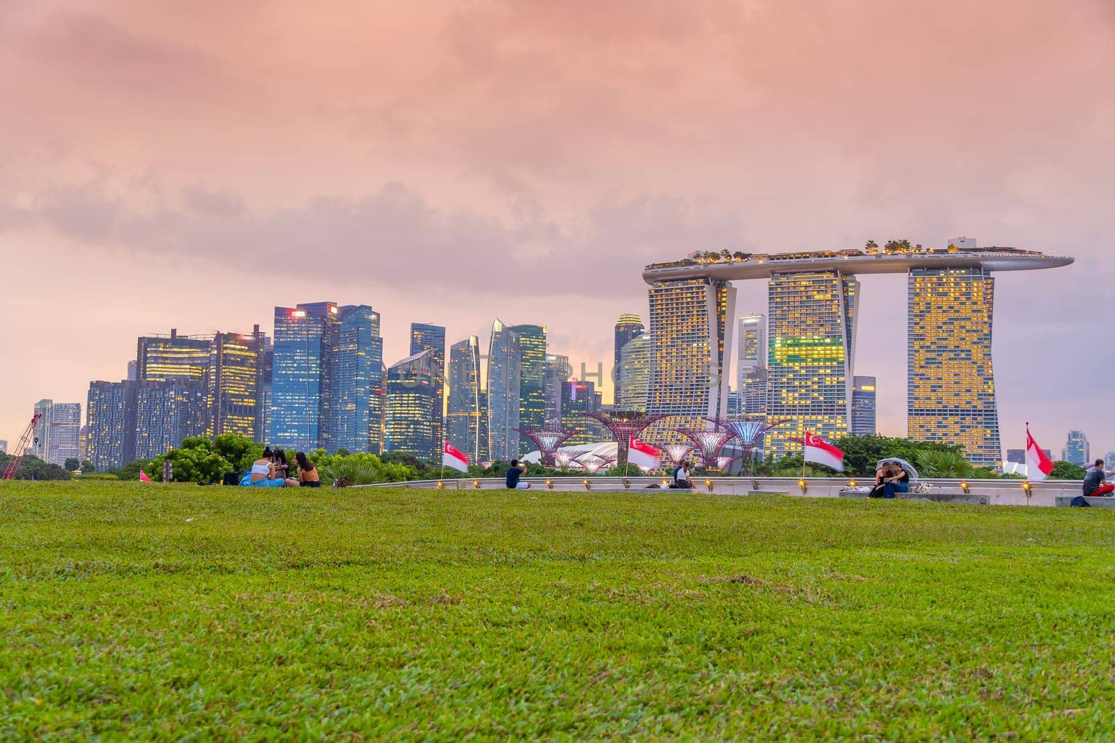 Downtown city skyline at the marina bay, cityscape of Singapore at sunset from Marina Barrage