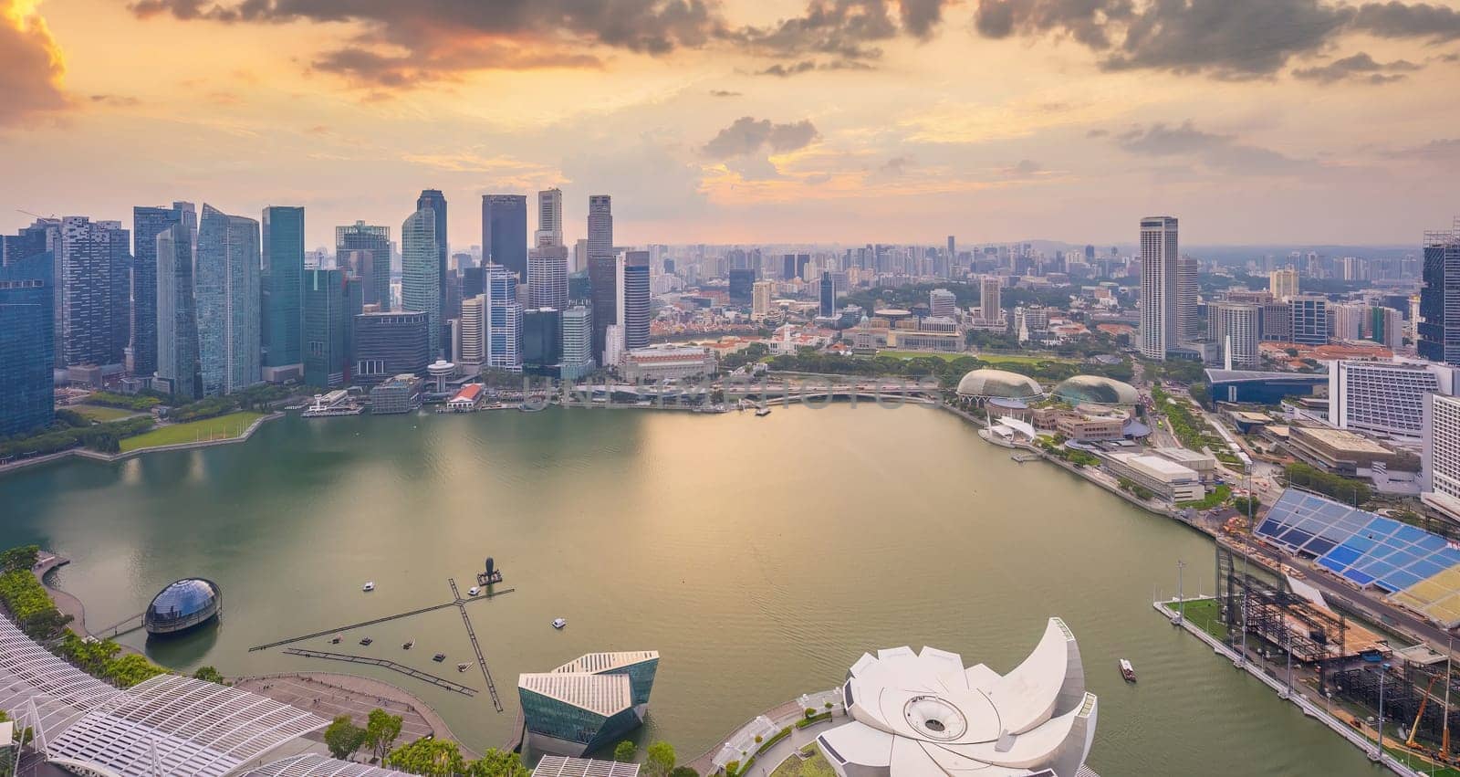 Downtown city skyline  waterfront, cityscape of Singapore at sunset