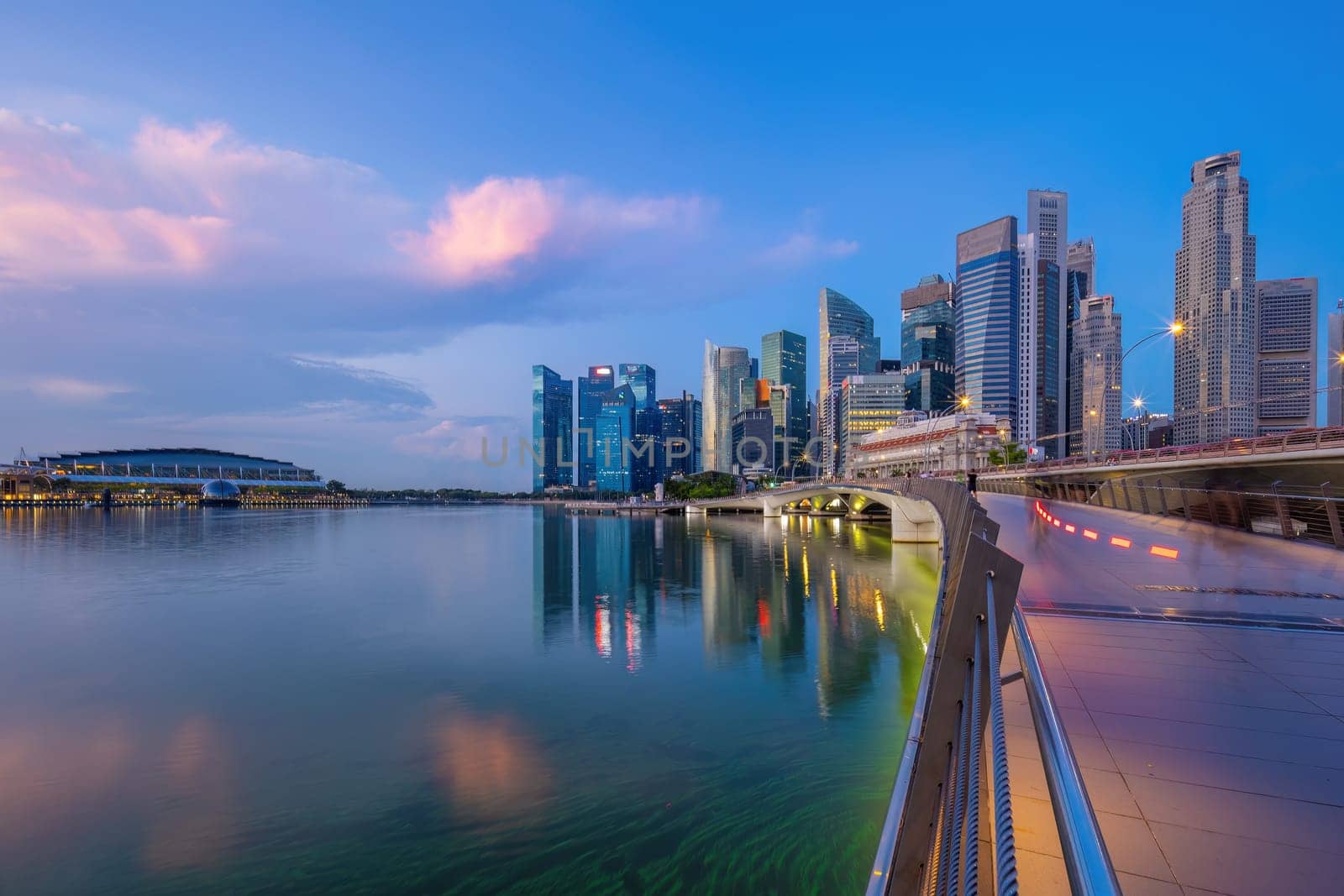 Downtown city skyline  waterfront, cityscape of Singapore at sunset