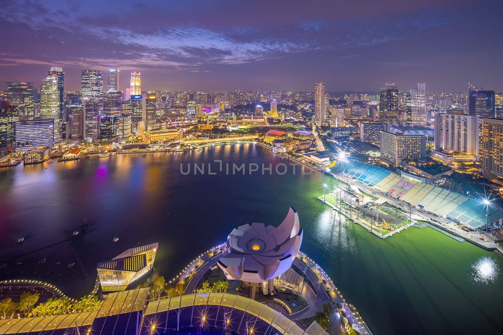 Downtown city skyline  waterfront, cityscape of Singapore at sunset