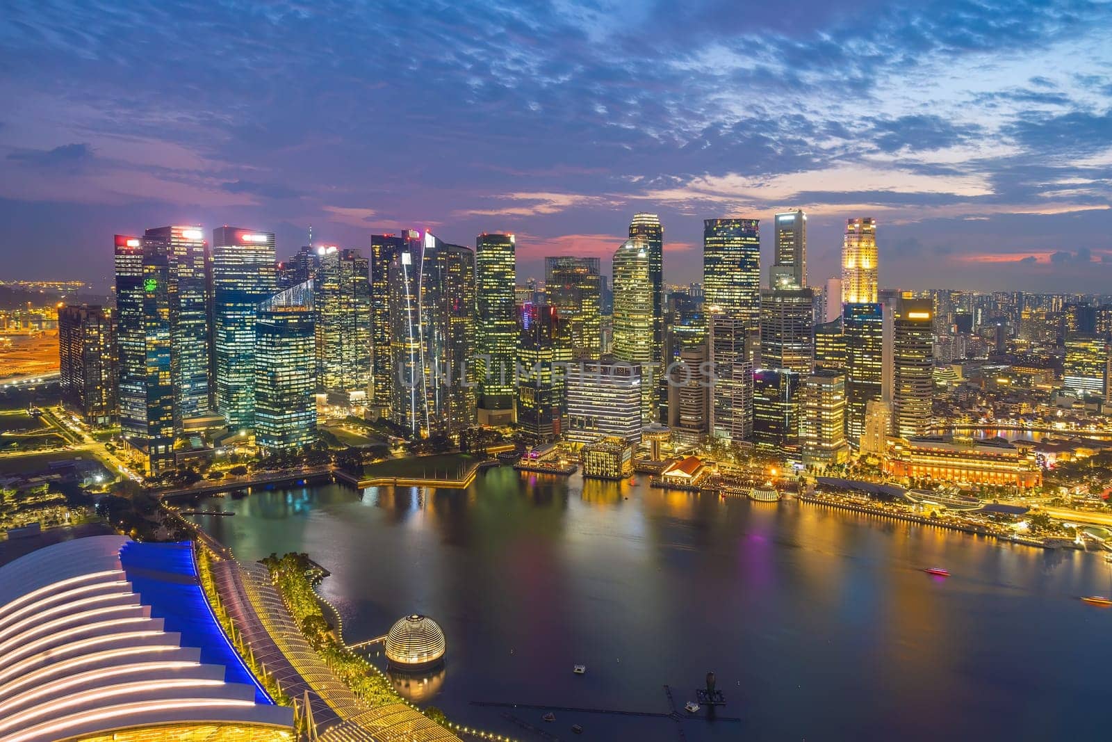 Downtown city skyline  waterfront, cityscape of Singapore at sunset