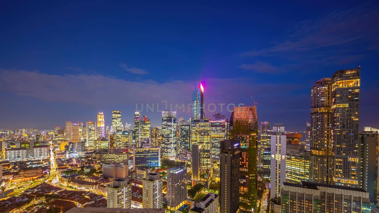 Downtown city skyline, cityscape of Singapore at night