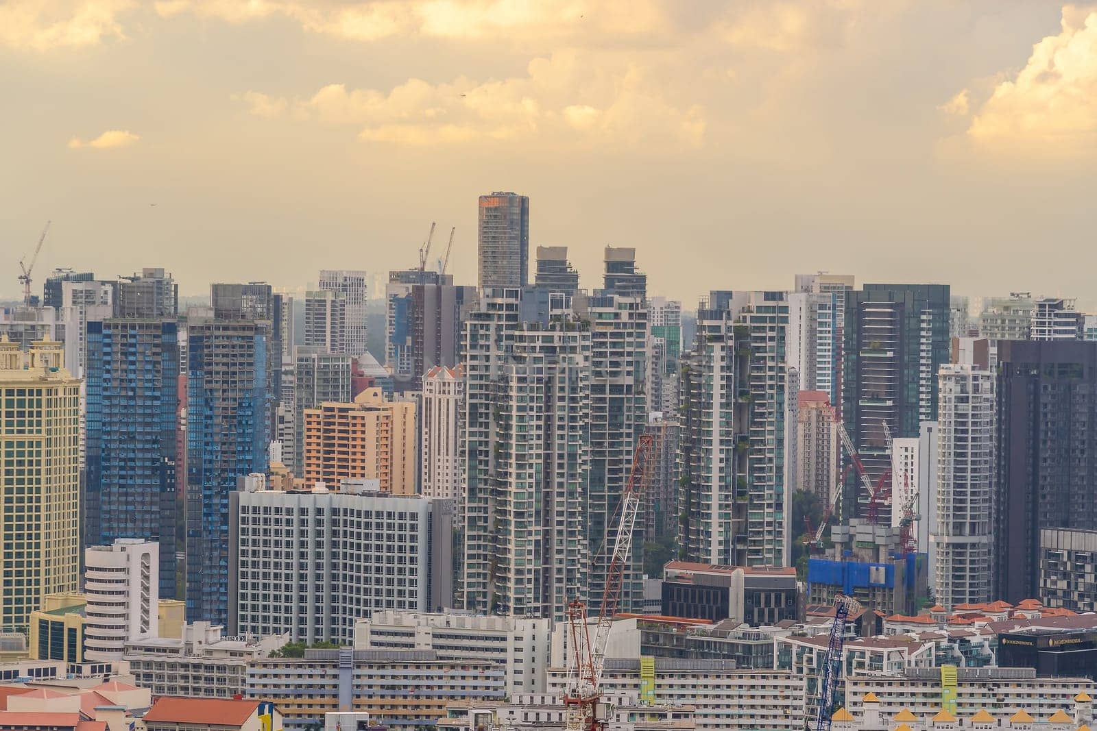 Downtown city skyline, cityscape of Singapore at sunset