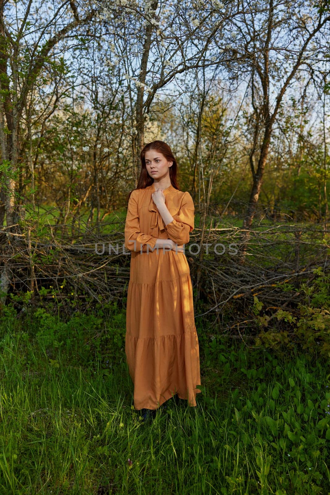 an elegant, sophisticated woman poses relaxed standing near a wicker fence at the dacha in a long orange dress enjoying the silence and peace. High quality photo