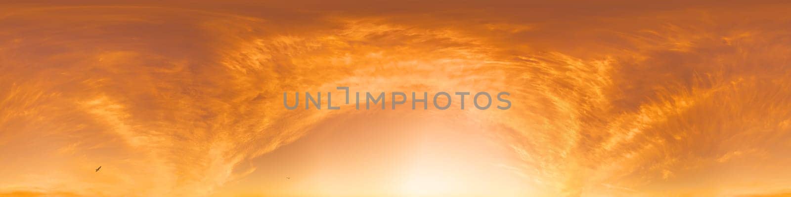 Bright sunset sky panorama with Cirrus clouds. Seamless hdr spherical equirectangular 360 panorama. Sky dome or zenith for 3D visualization, game and sky replacement for aerial drone 360 panoramas.