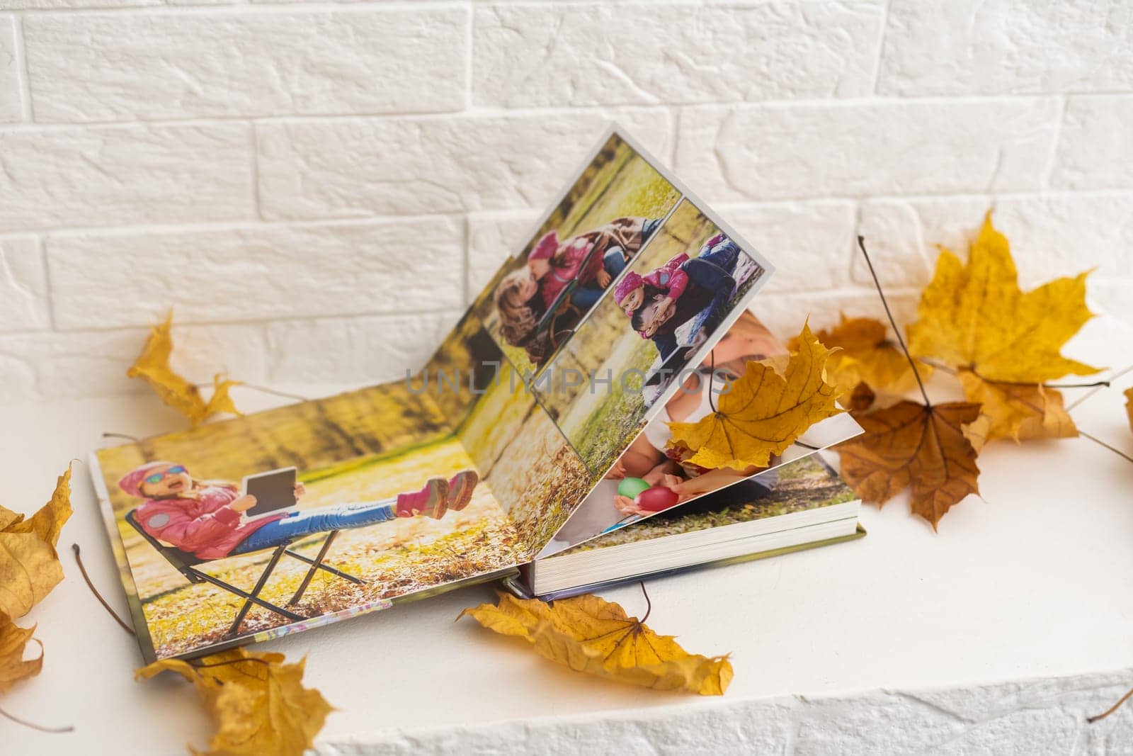 dry autumn leaves and a photo album.