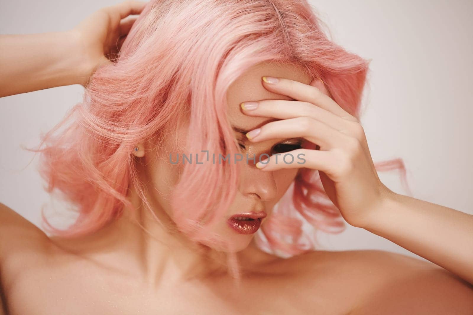 Soft-Girl with Trend Blond Pink Flying Hair, Fashion Make-up. Flying Hairstyle with Coloring. Summer or Spring Style for Woman