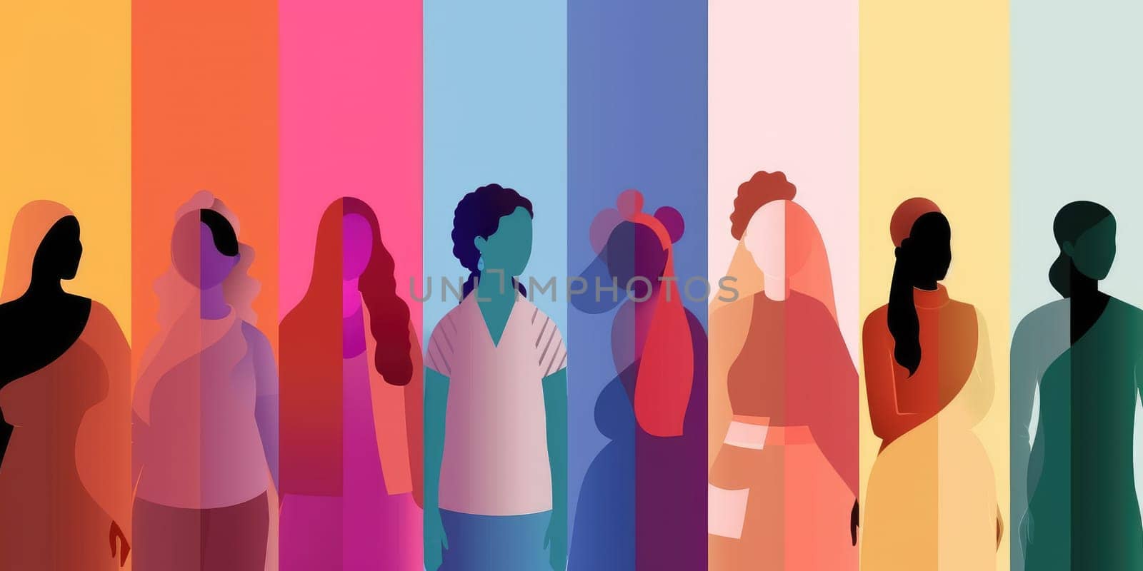 illustration silhouettes of women of different nationalities and cultures in colorful banner, business women, paper cut, banner. Multi-ethnic women. Women different cultures. download photo