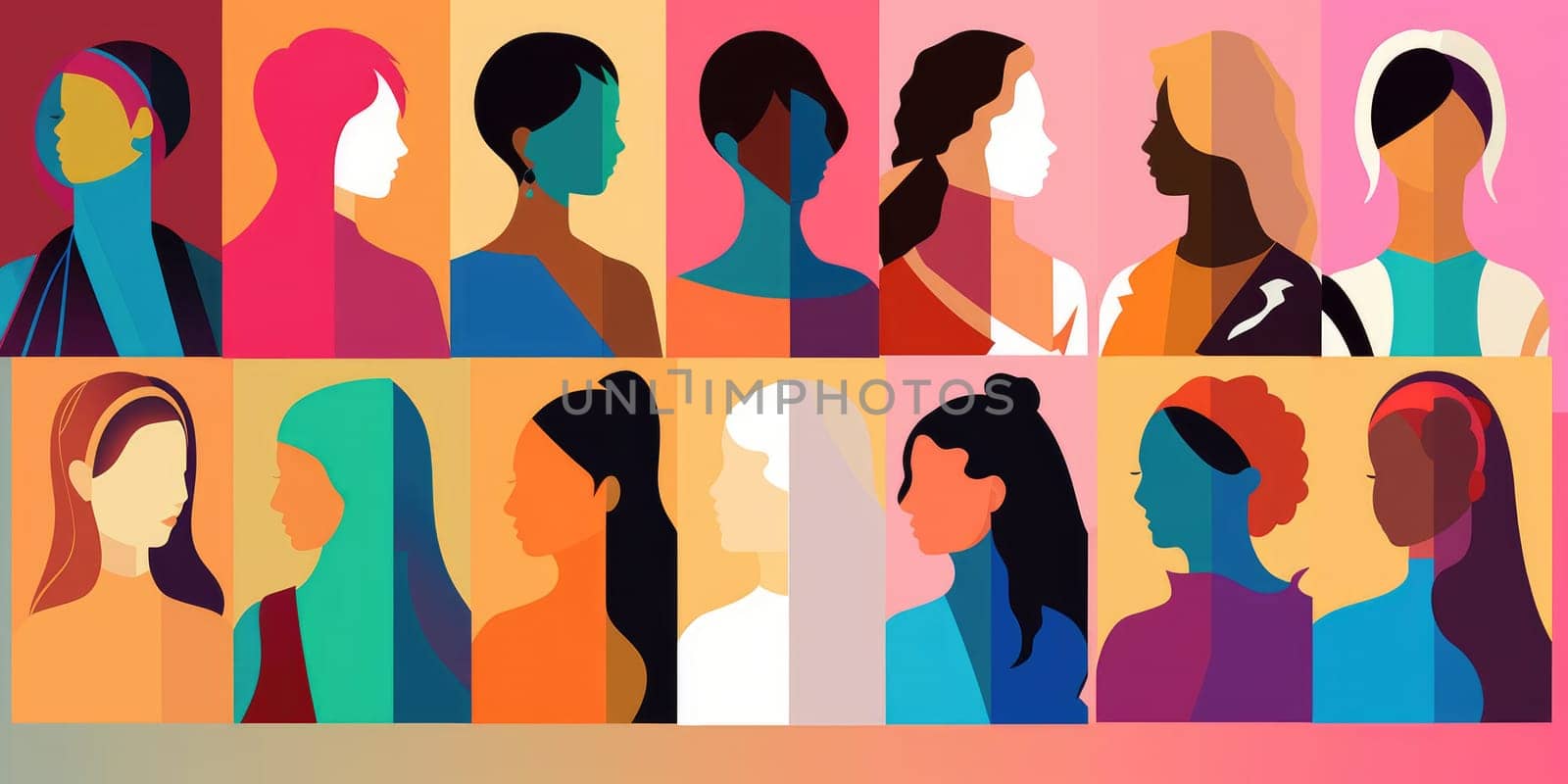 flat 2D graphical silhouettes of women of different nationalities and cultures in colorful banner, business women, papercut, banner. download photo