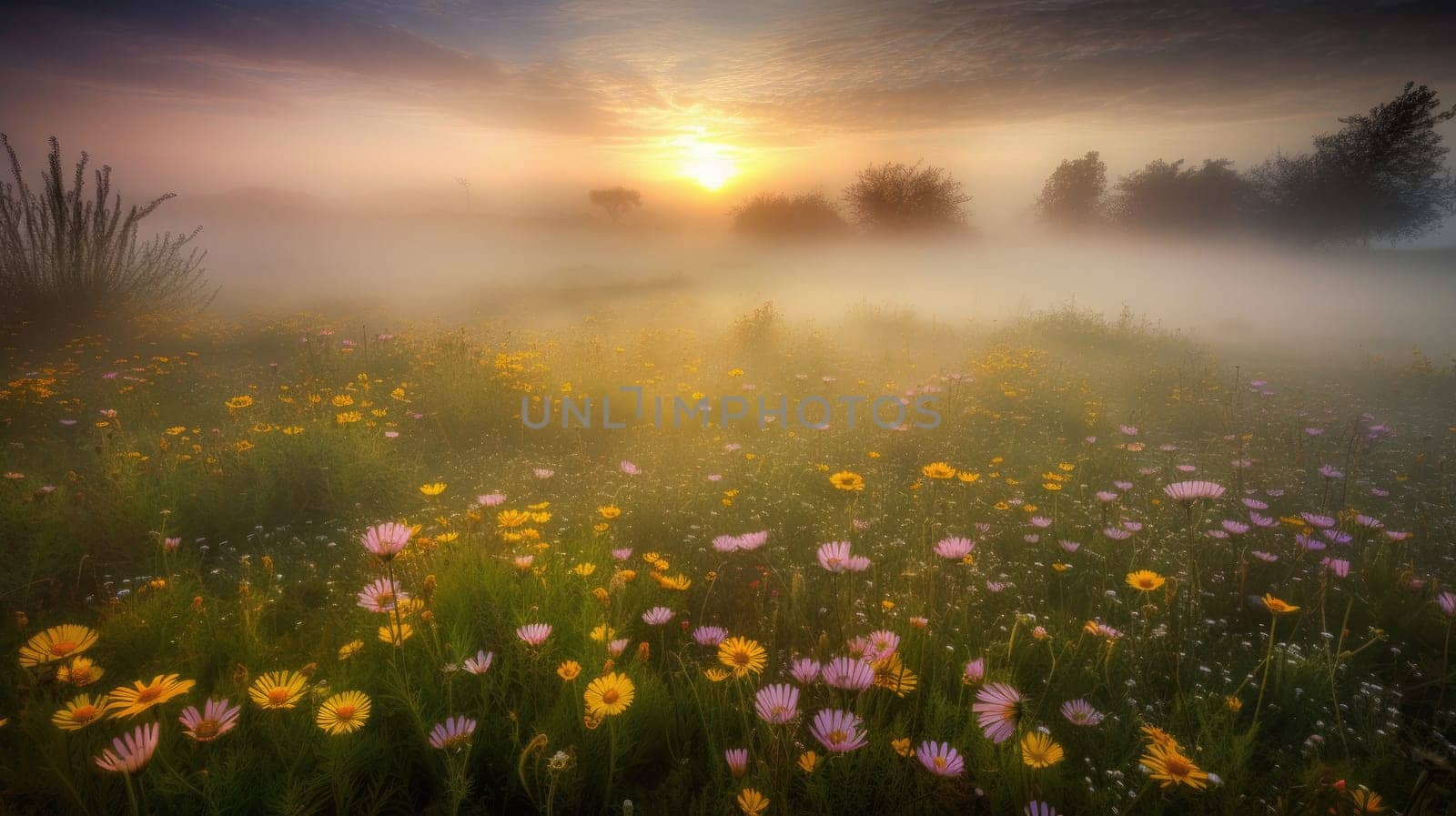 sunrise in the field. landscape with Magic pink Cosmos flowers in blooming with sunset background. fossilized field of colorful flowers, sunrise, mist. download photo