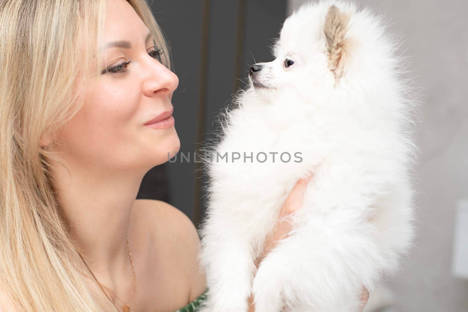 Portrait of a beautiful caucasian blonde girl and a white small and fluffy spitz dog. Happy woman and domestic dog look at each other. Close-up. Concept.