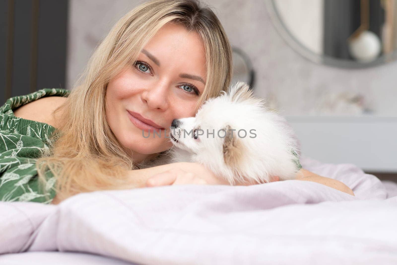 A beautiful young woman lies and plays on a bed in a home interior with a small domestic white and fluffy spitz dog. Concept. Close-up.