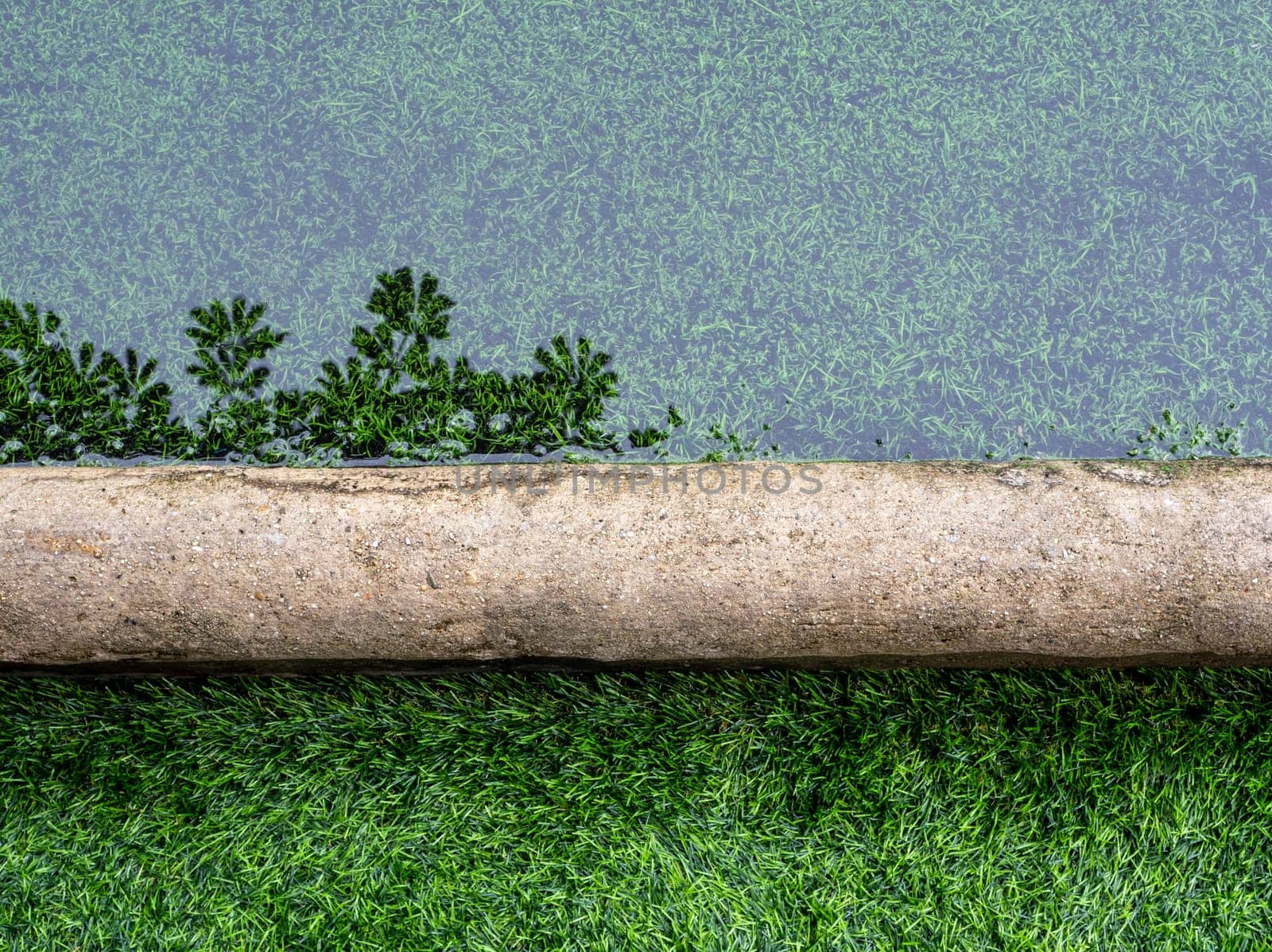 The reflection of tree in the flooding water surface on the border of artificial grass football field