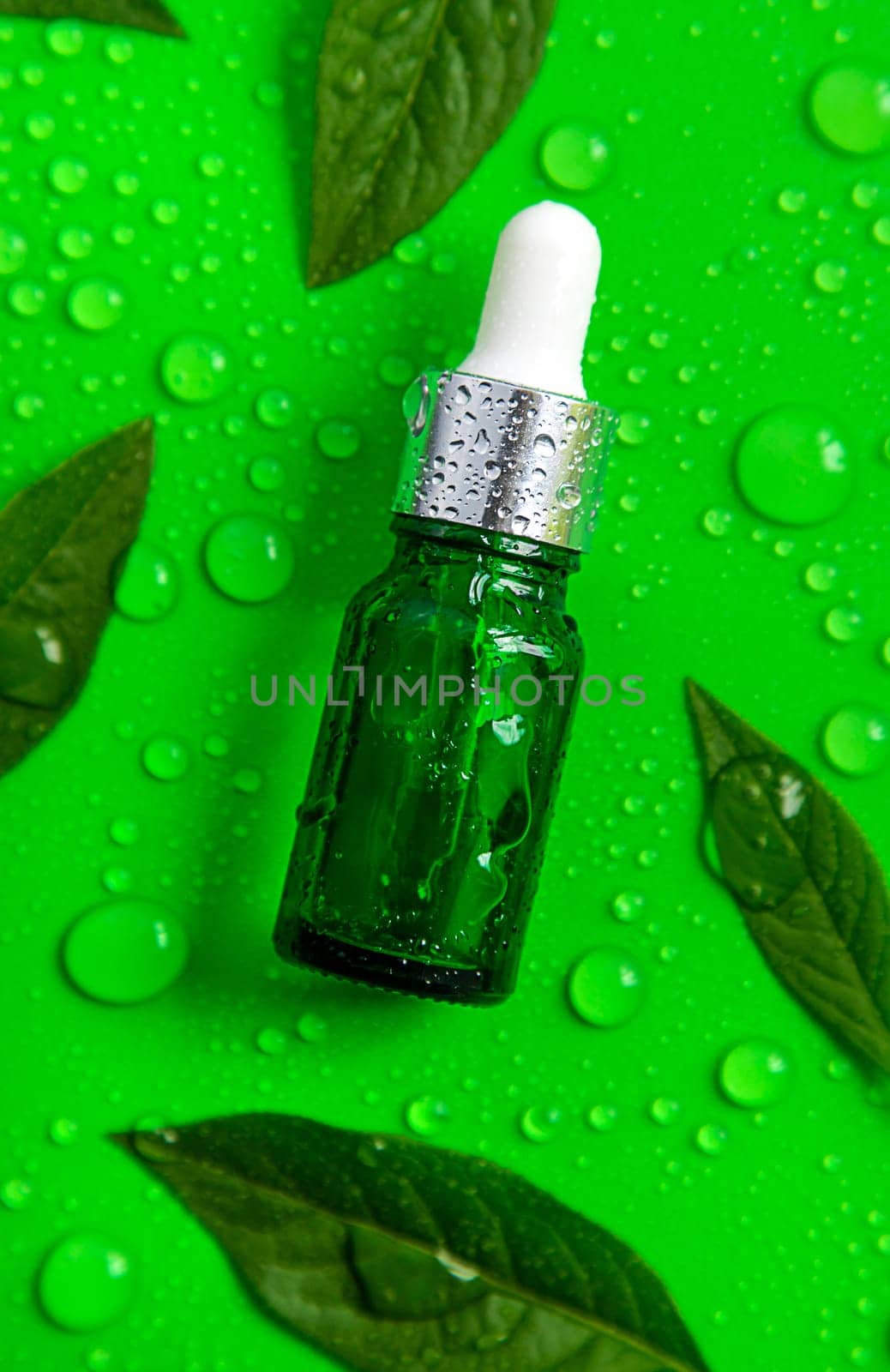 Drops of oil pipette on green leaves background. Selective focus. Nature.