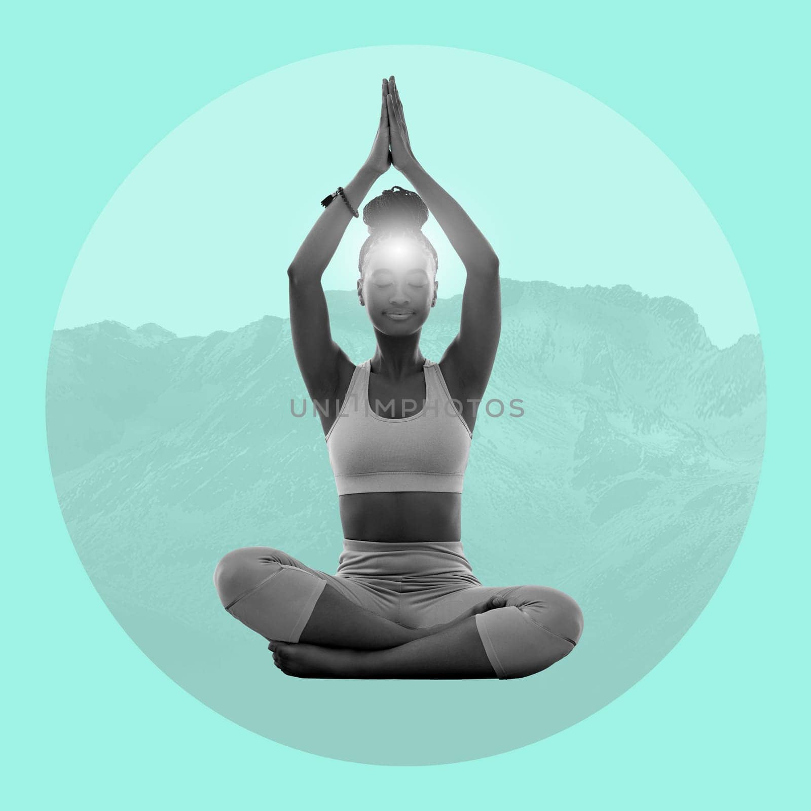 Zen, meditation and black woman on poster, mountain on turquoise background in yoga balance pose. Art, advertising and creative collage design for health, wellness and calm spiritual lifestyle studio.