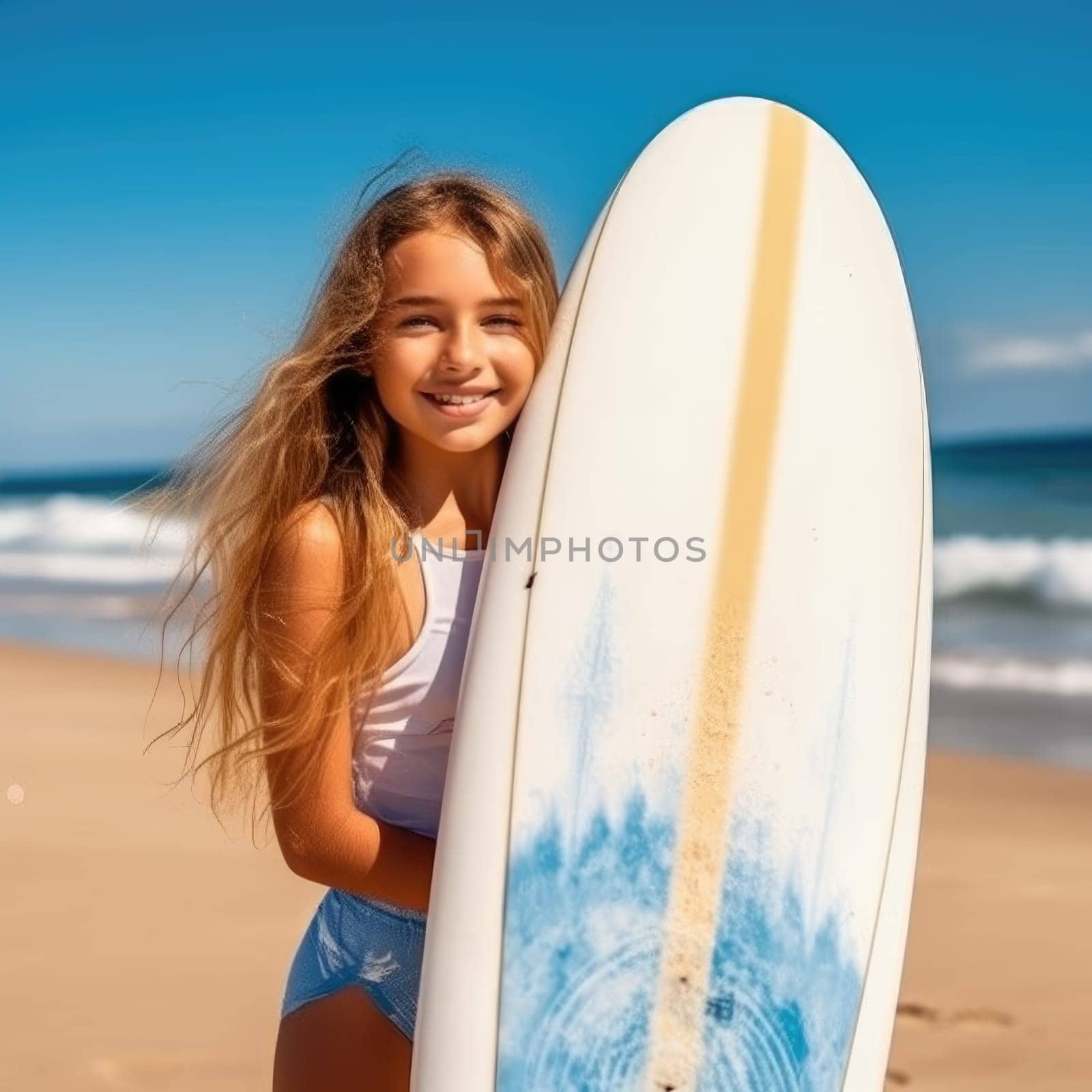 Young teenager girl in swimsuit holding supboard on the beach. Generative AI by Desperada