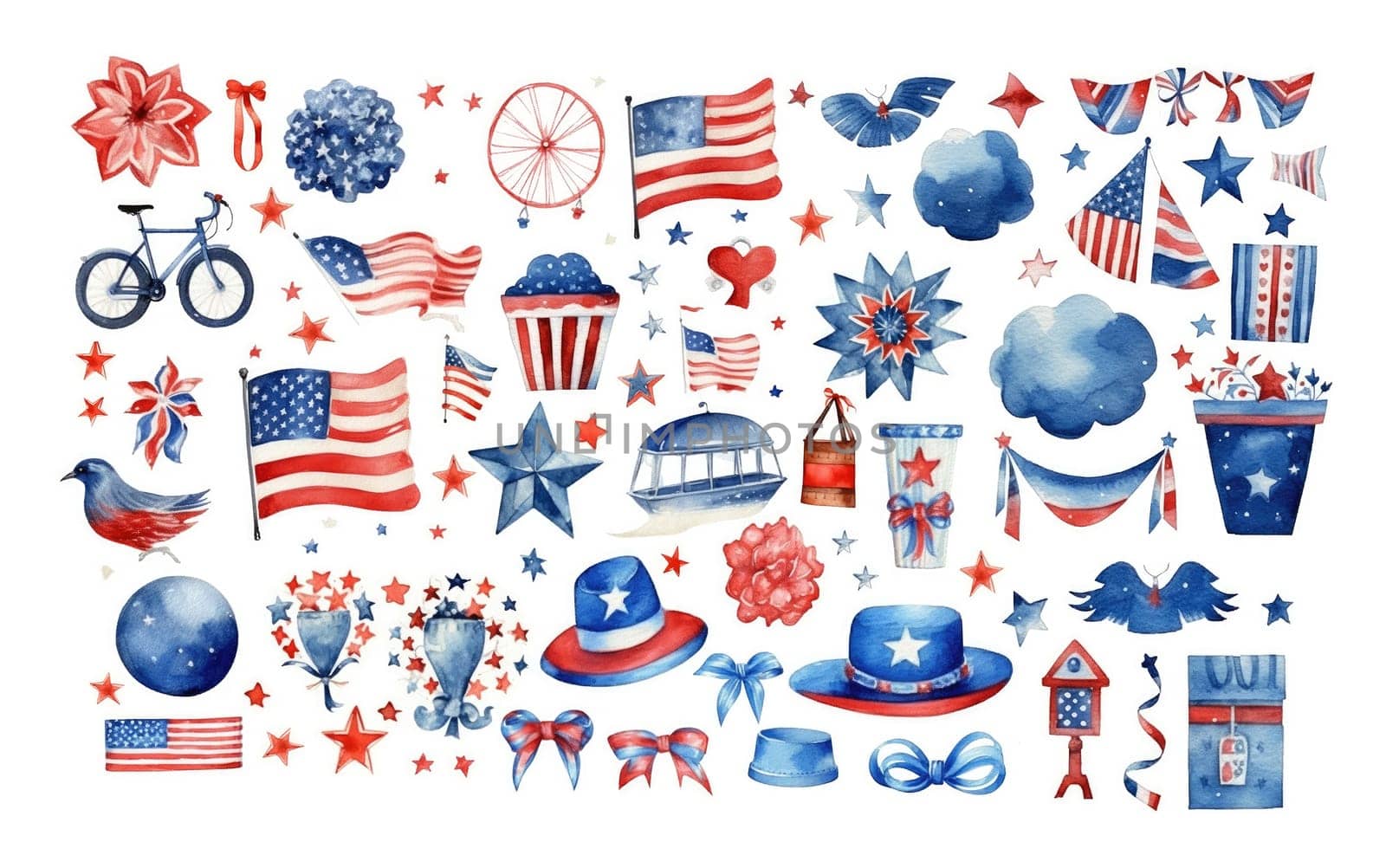 Happy Independence Day. USA independence day watercolor elements set isolated on white , Generative AI