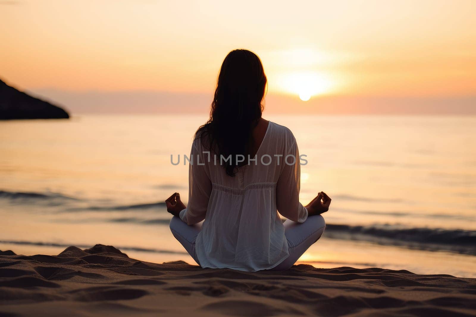 Unrecognizable woman sitting in lotus pose on the beach meditating, view from behind. Generative AI