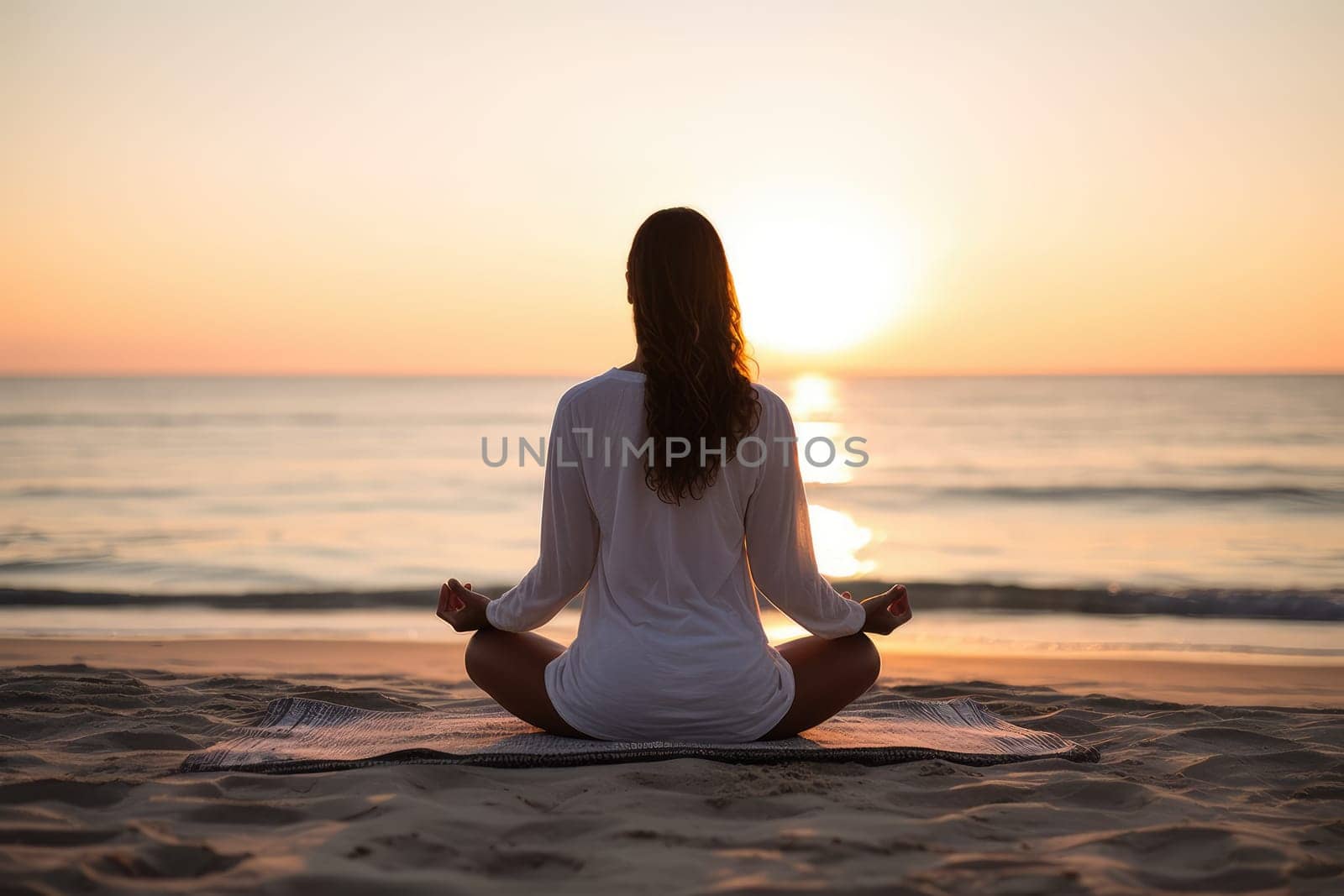 Unrecognizable woman sitting in lotus pose on the beach meditating, view from behind. Generative AI