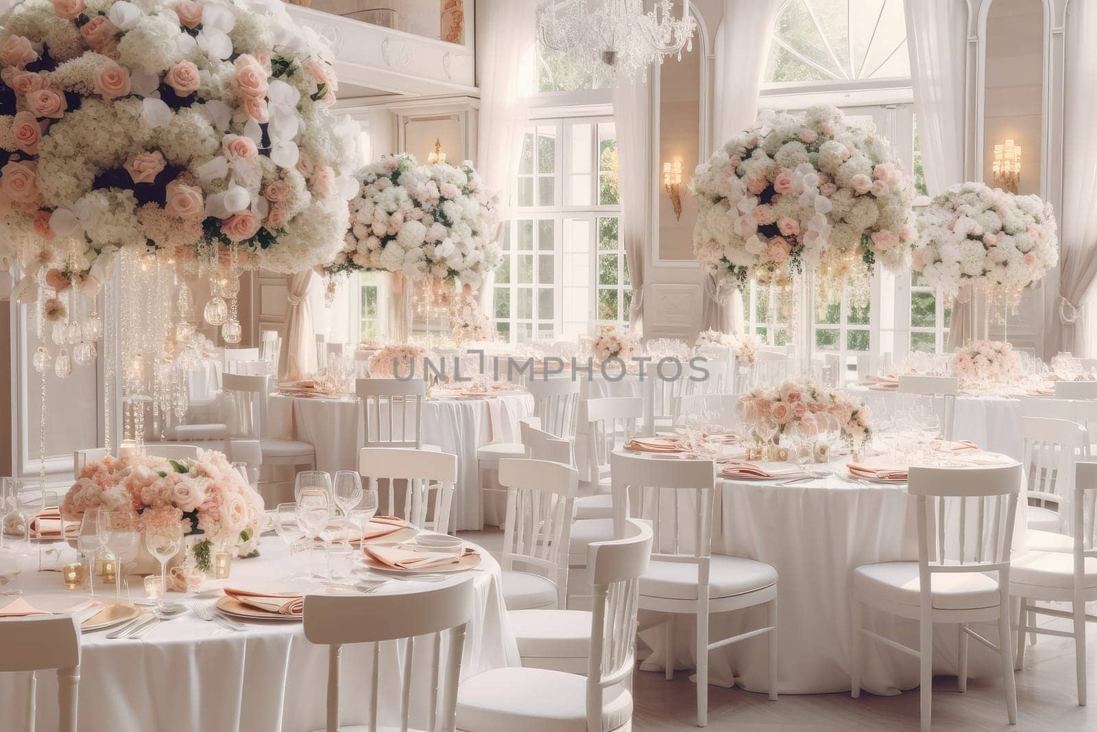 Beautiful spacious restaurant in white tones decorated for wedding with many flowers, Generative AI