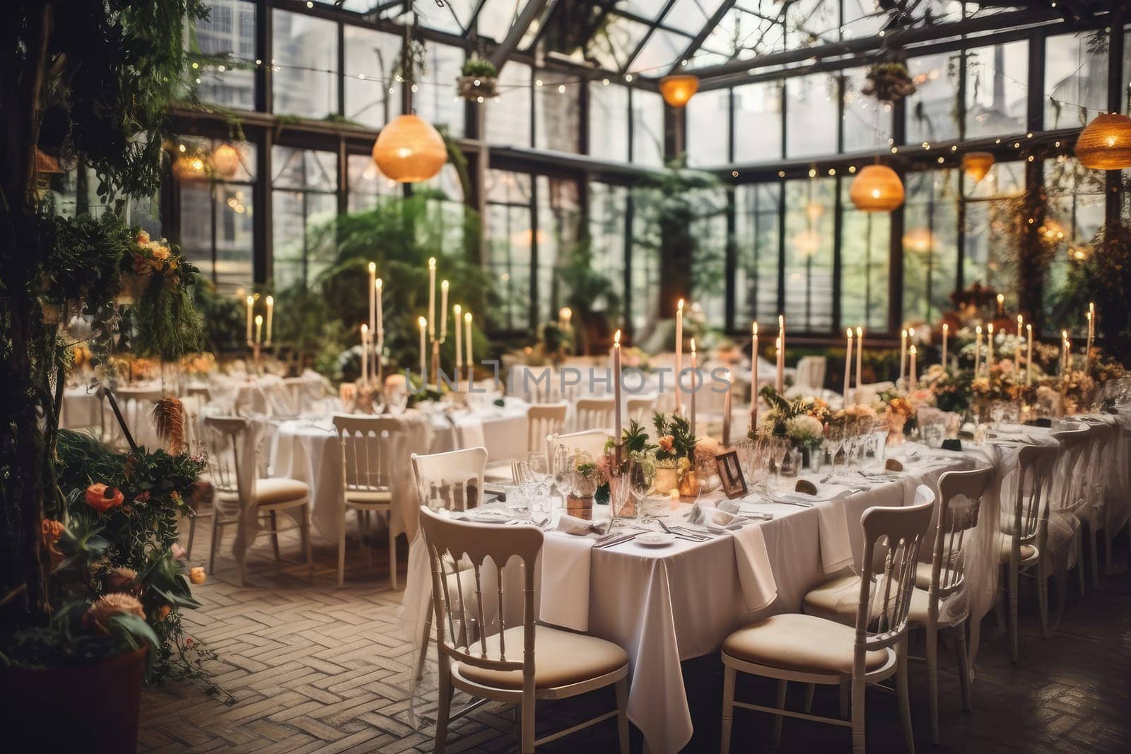 Restaurant decorated for wedding, Generative AI by Desperada