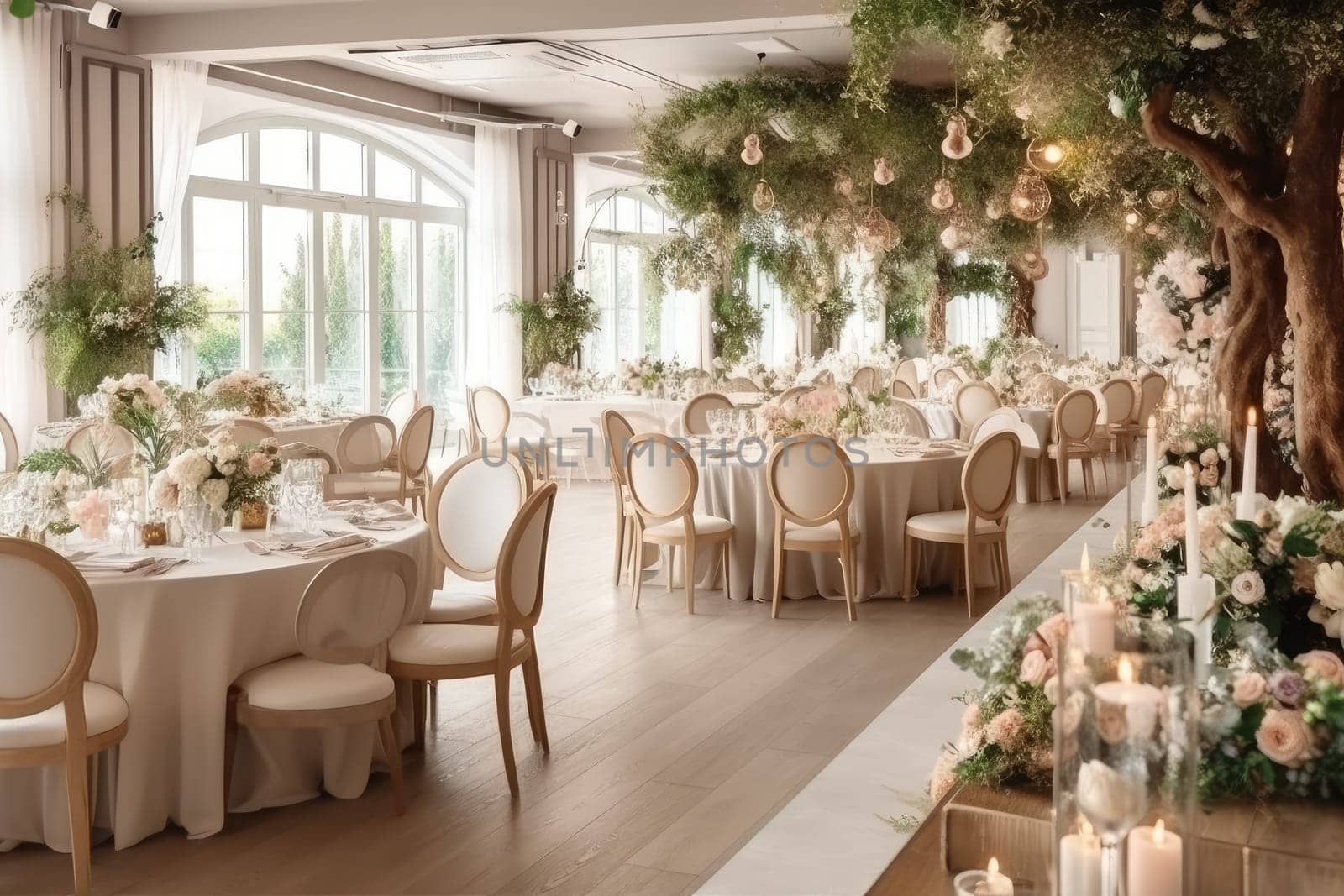 Restaurant decorated for wedding, Generative AI by Desperada