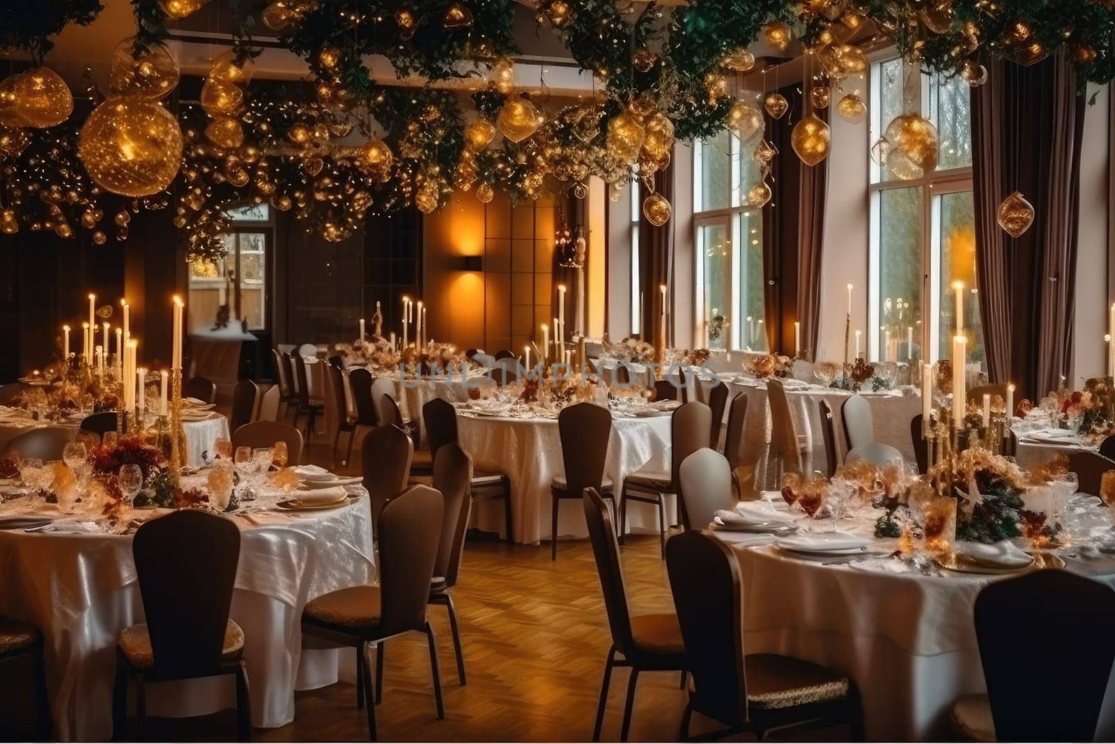 Restaurant decorated for wedding, Generative AI by Desperada