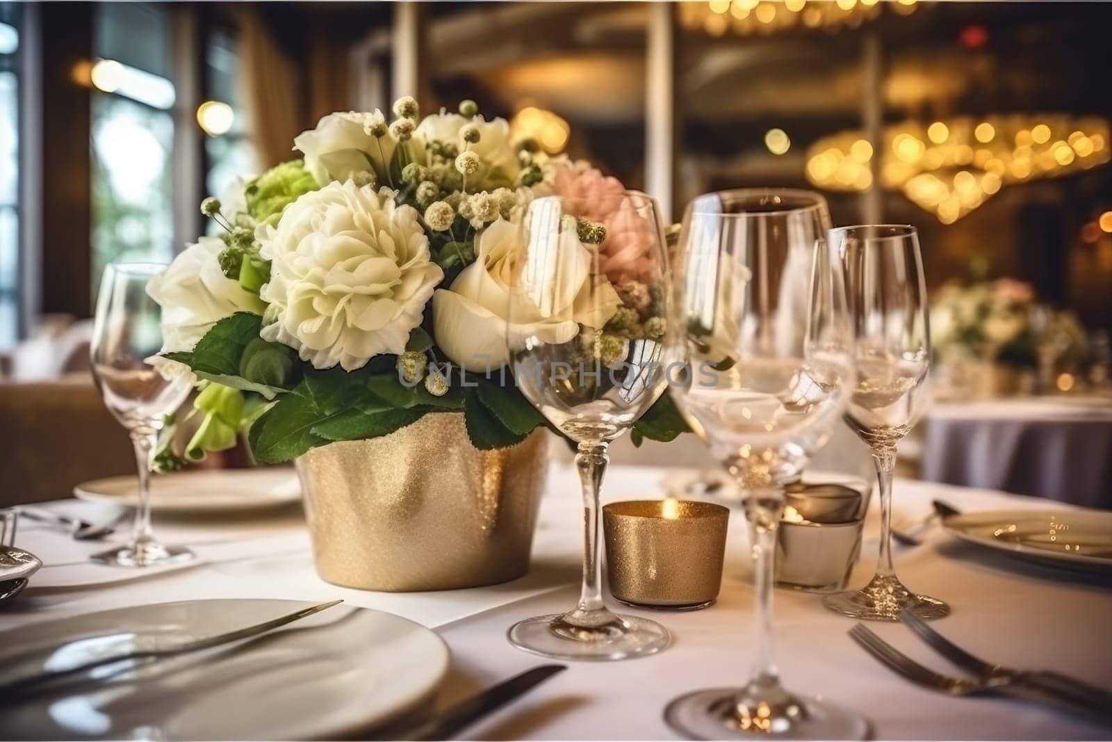 Beautiful restaurant decorated for wedding, closeup Generative AI