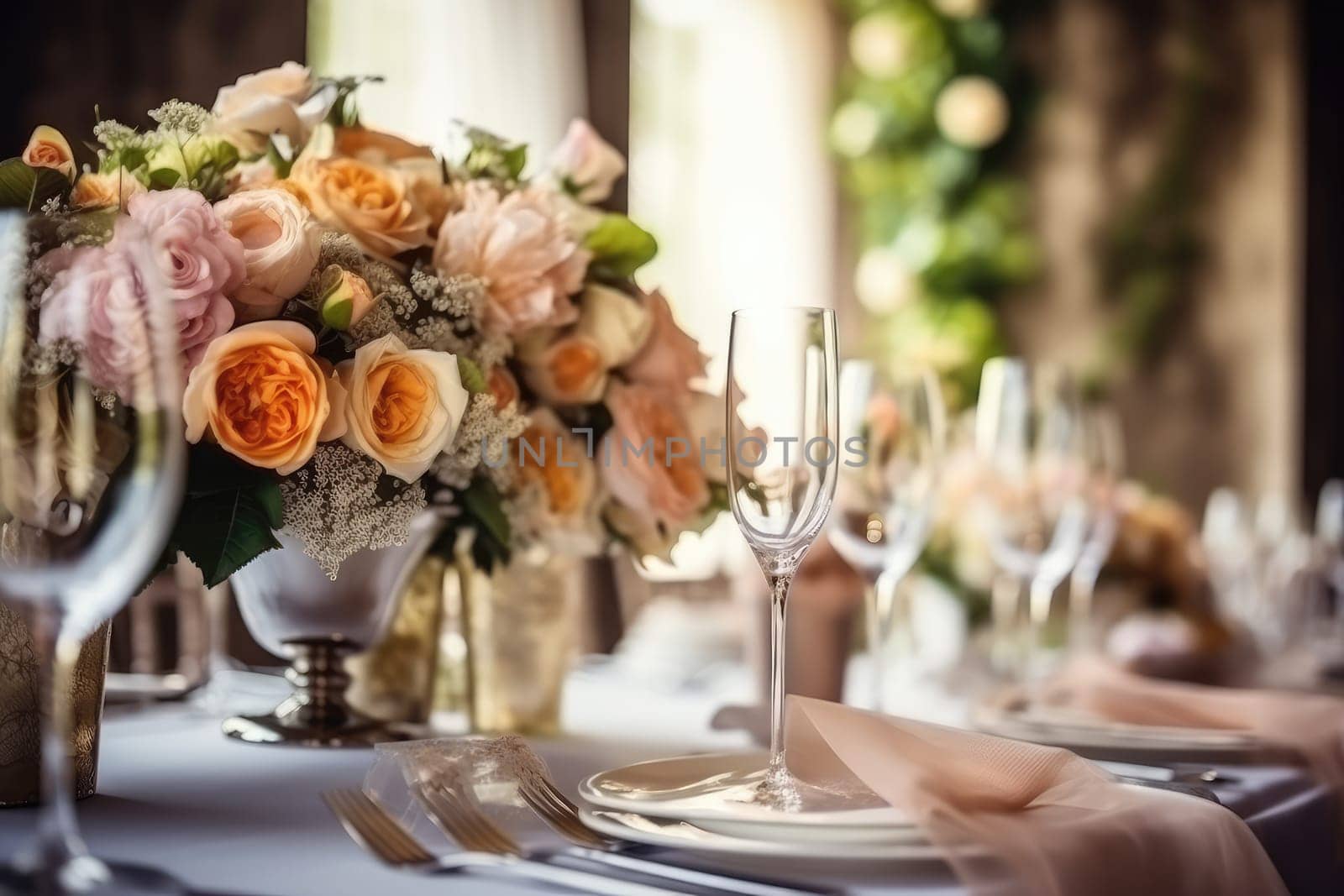 Beautiful restaurant decorated for wedding, closeup Generative AI