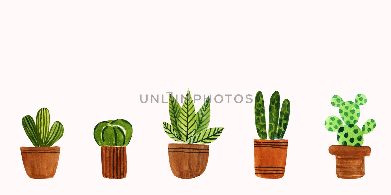 Set of watercolor elements decorative houseplants in pots. Comfort at home. Decorative stickers. Notebook covers. Patterns and prints.