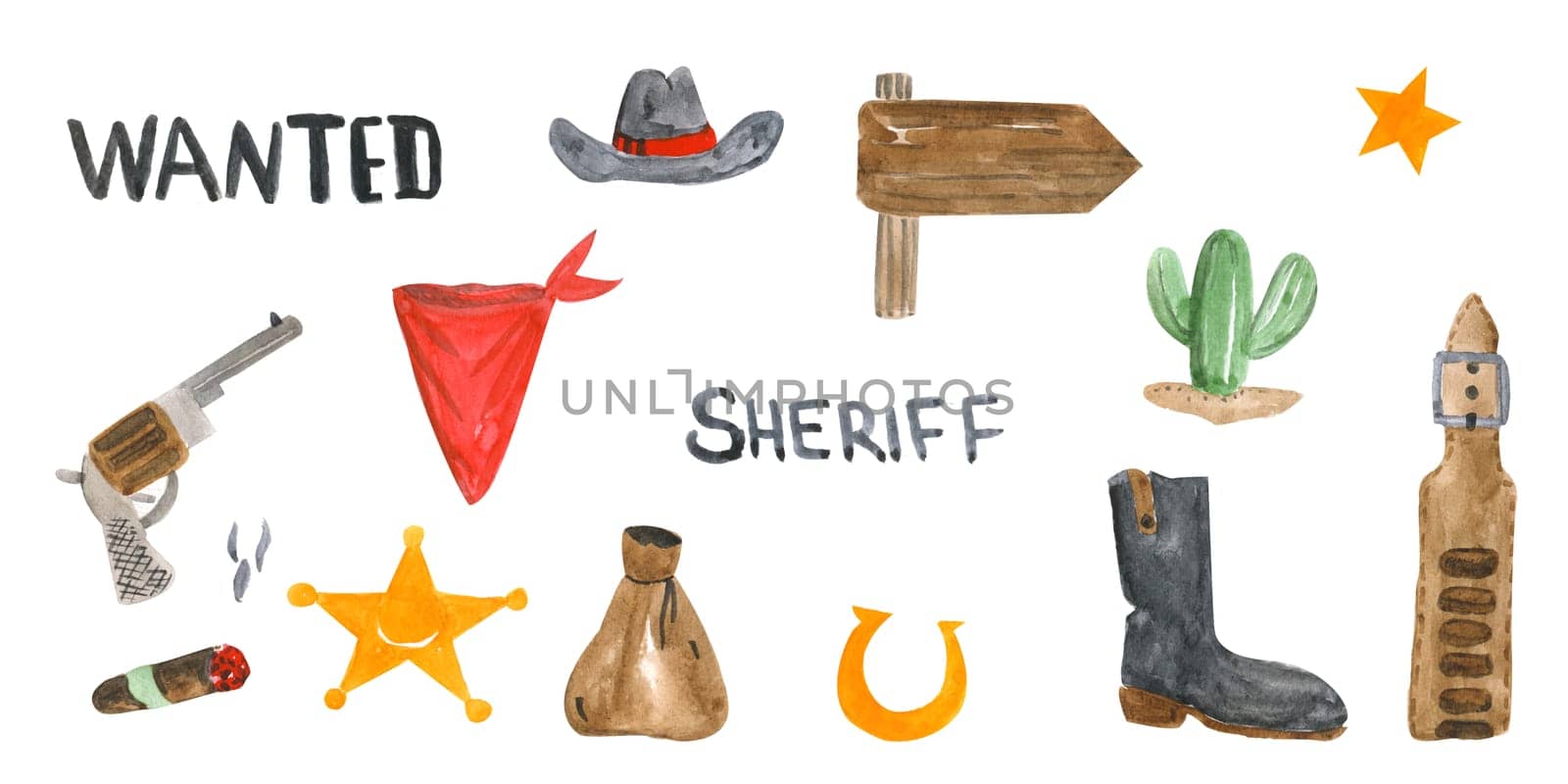Sheriff and cowboys watercolor elements set. Decorative stickers. Notebook covers. Patterns and prints. Board games.