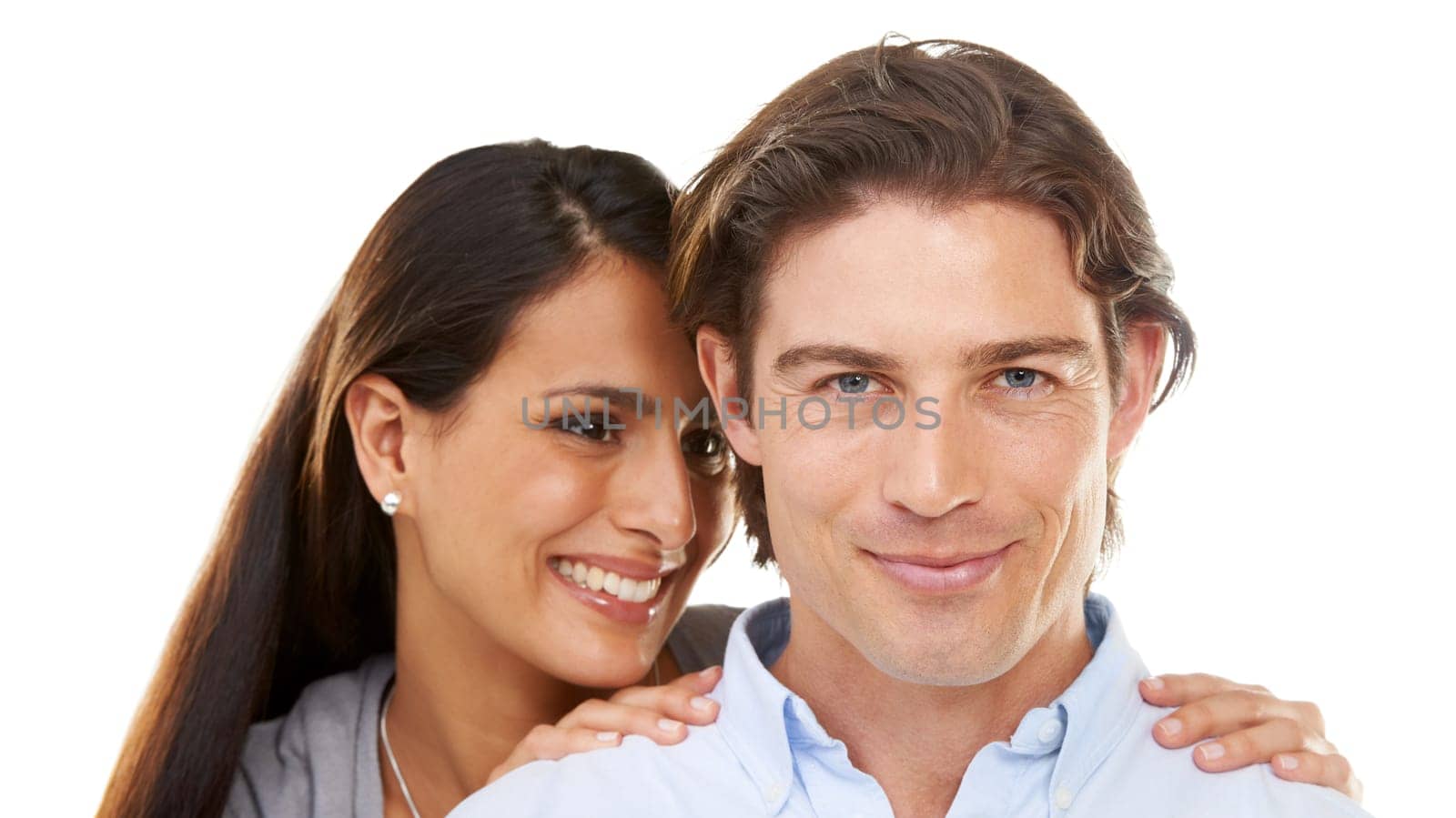 Valentines day, love and couple on a date hugging in happiness and happy isolated in a studio white background. Portrait, lovers and man with woman for romance in a relationship together.