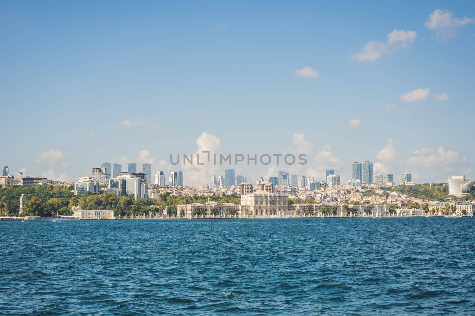 landscape scenery of Dolmabahce palacewith reflection, istanbul, turkey waterfront view from bosporus by galitskaya