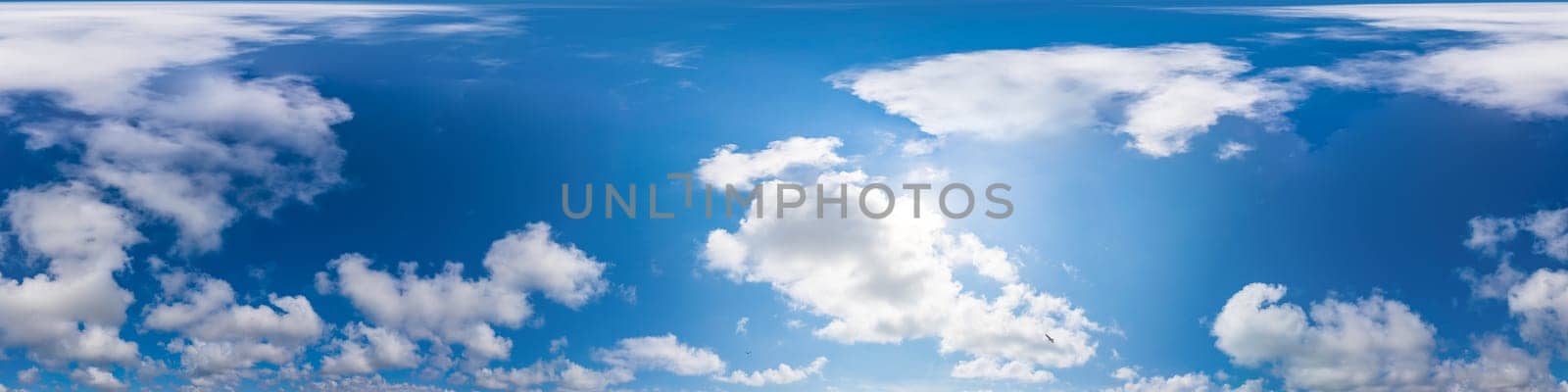 Sky panorama with Cirrus clouds in Seamless spherical equirectangular format. Full zenith for use in 3D graphics, game and editing aerial drone 360 degree panoramas for sky replacement