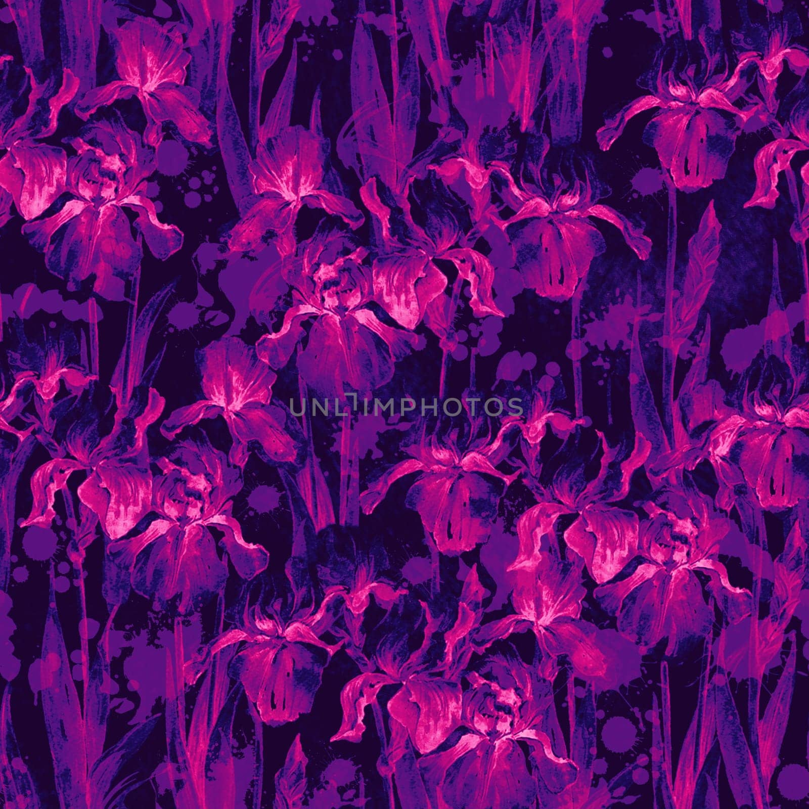 Summer meadow iris flowers watercolor monochrome seamless pattern on dark background by fireFLYart