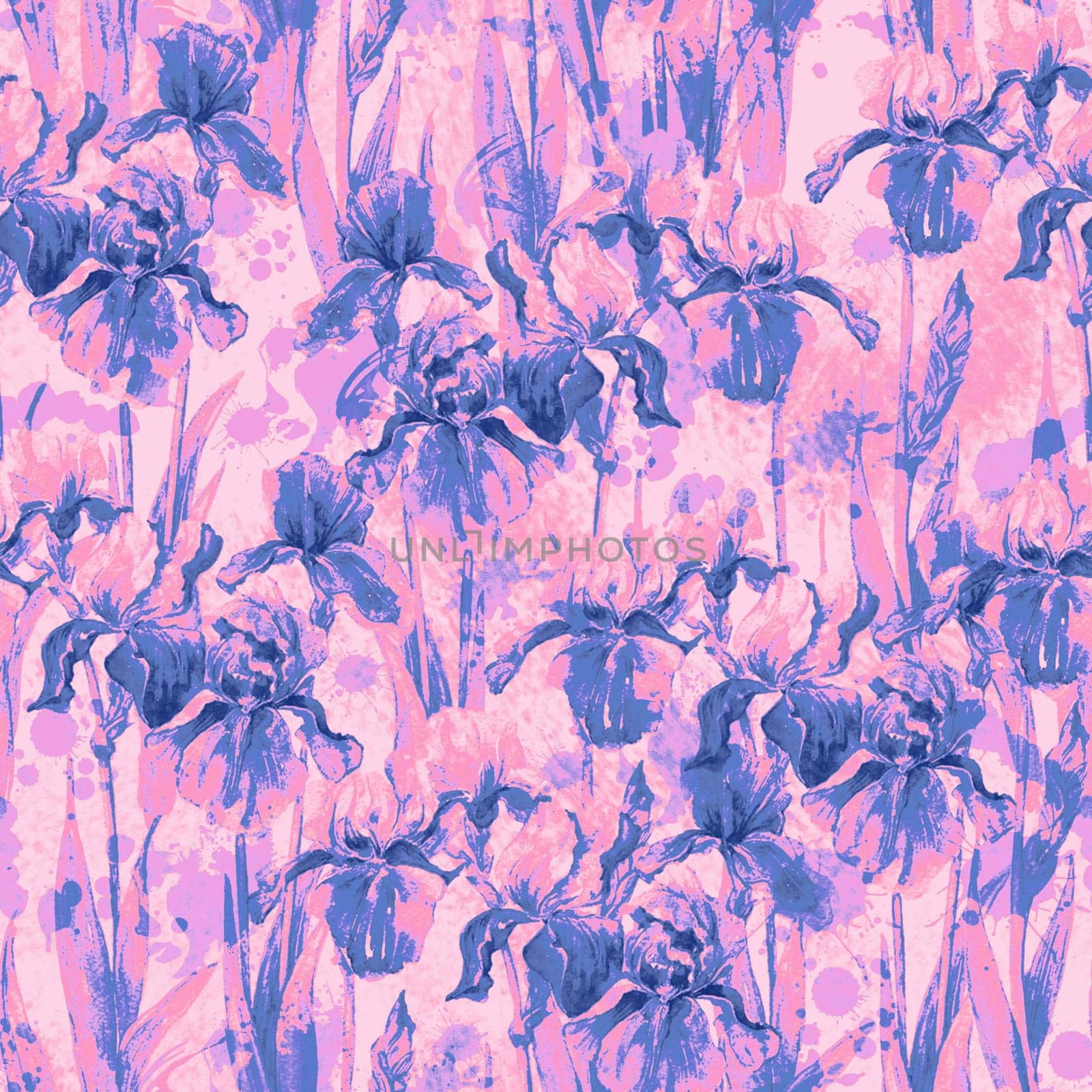 Summer meadow iris flowers watercolor monochrome seamless pattern on pink background by fireFLYart